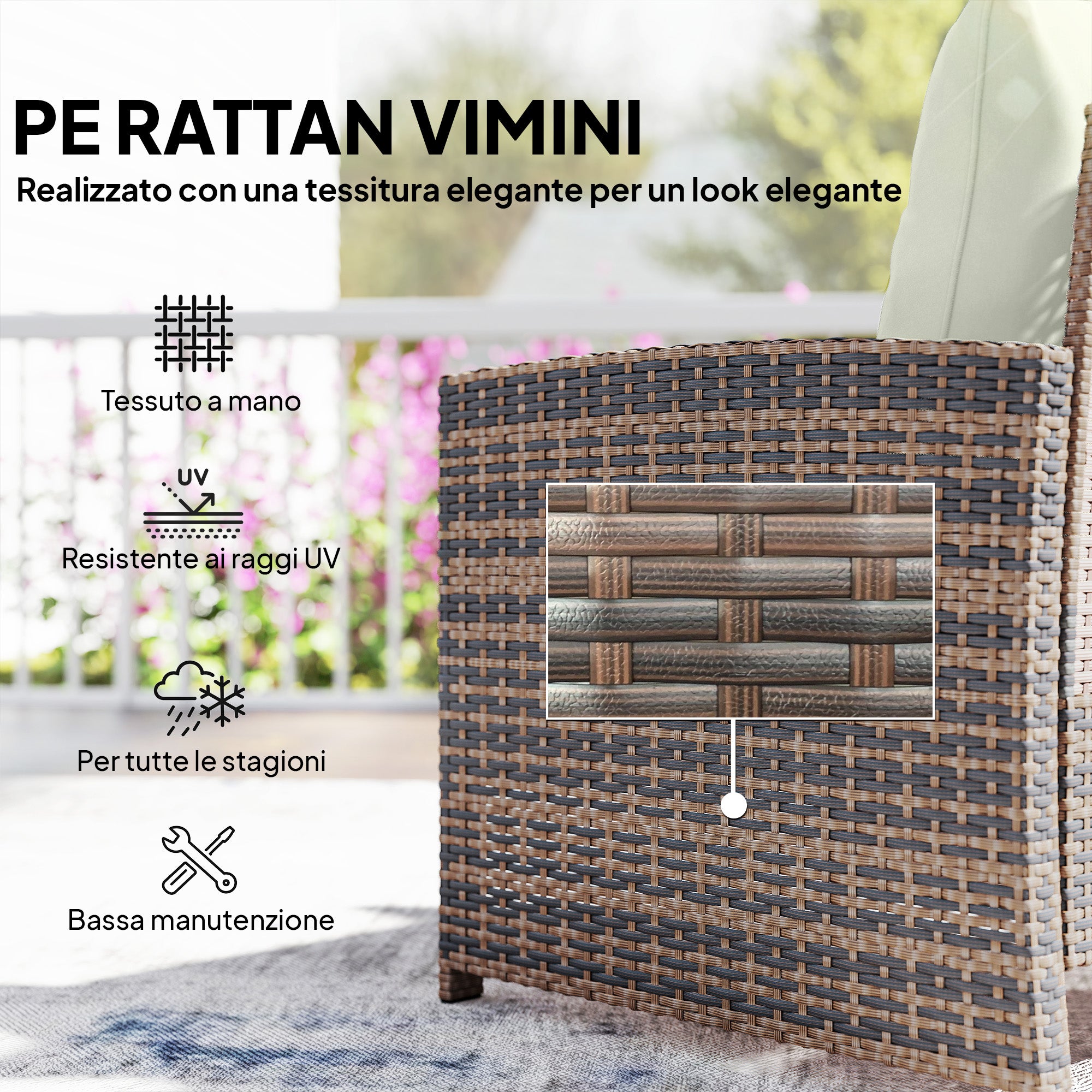 5-Piece Rattan Patio Set — 2 Space-Saving Footstools, 2 Armchairs, 2-Tier Coffee Table with Cushions — Brown/Cream