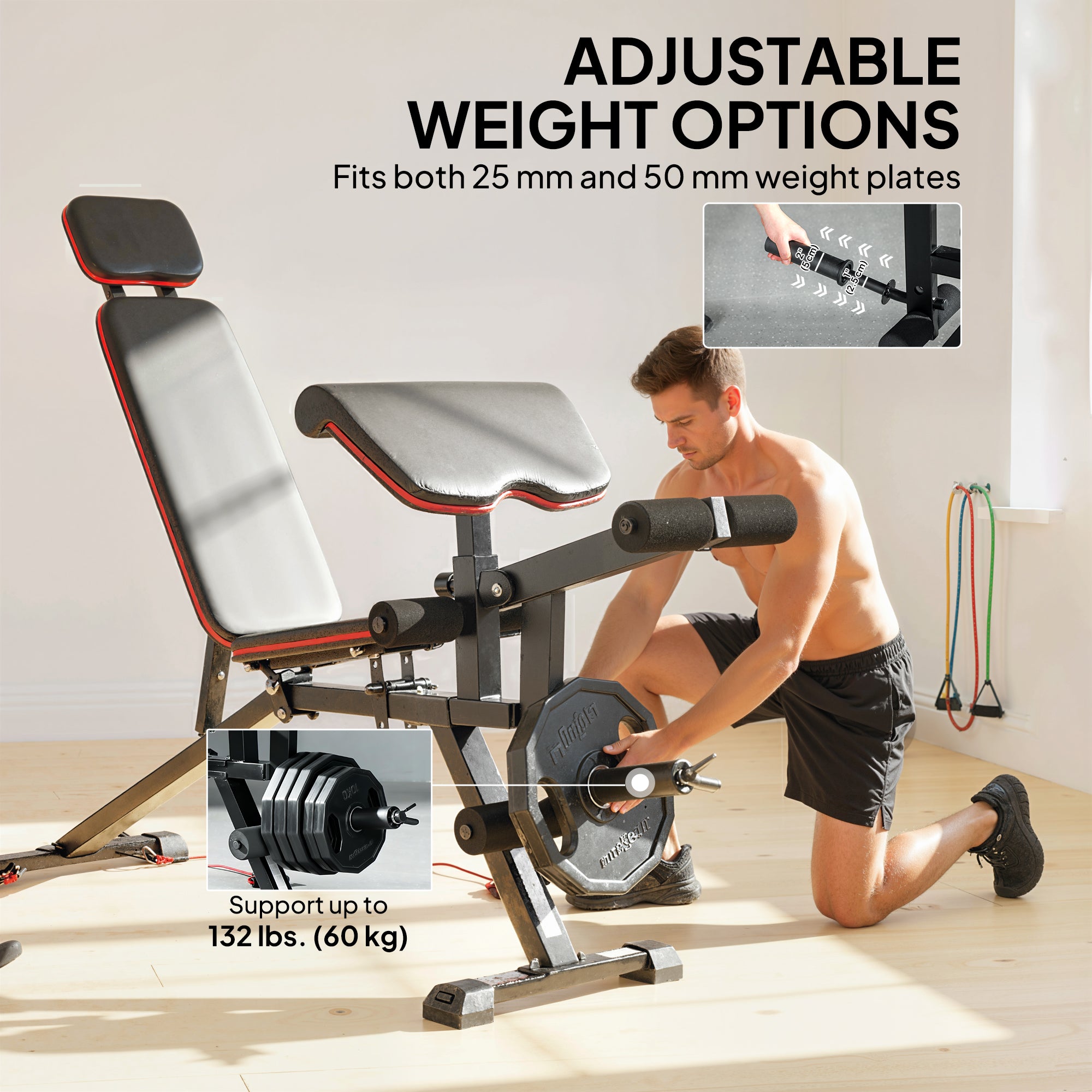 SPORTNOW 3-in-1 Adjustable Weight Bench – Up to 926 lb (420 kg), Wheels, Leg Extension, Preacher Curl, Extended Headrest, Incline Bench with Resistance Bands – Home Gym