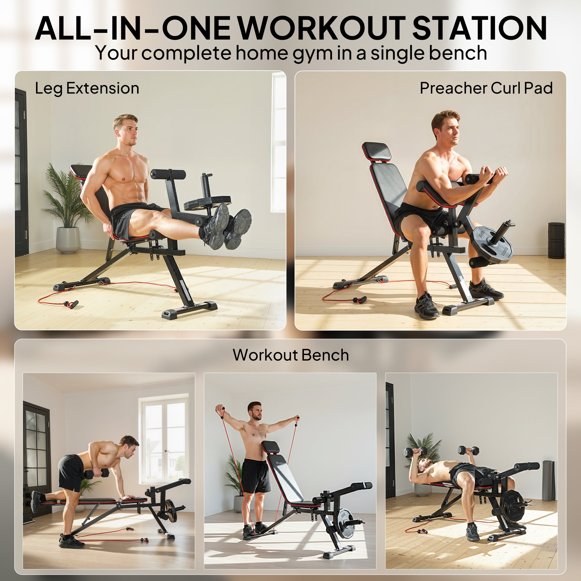 SPORTNOW 3-in-1 Adjustable Weight Bench – Up to 926 lb (420 kg), Wheels, Leg Extension, Preacher Curl, Extended Headrest, Incline Bench with Resistance Bands – Home Gym