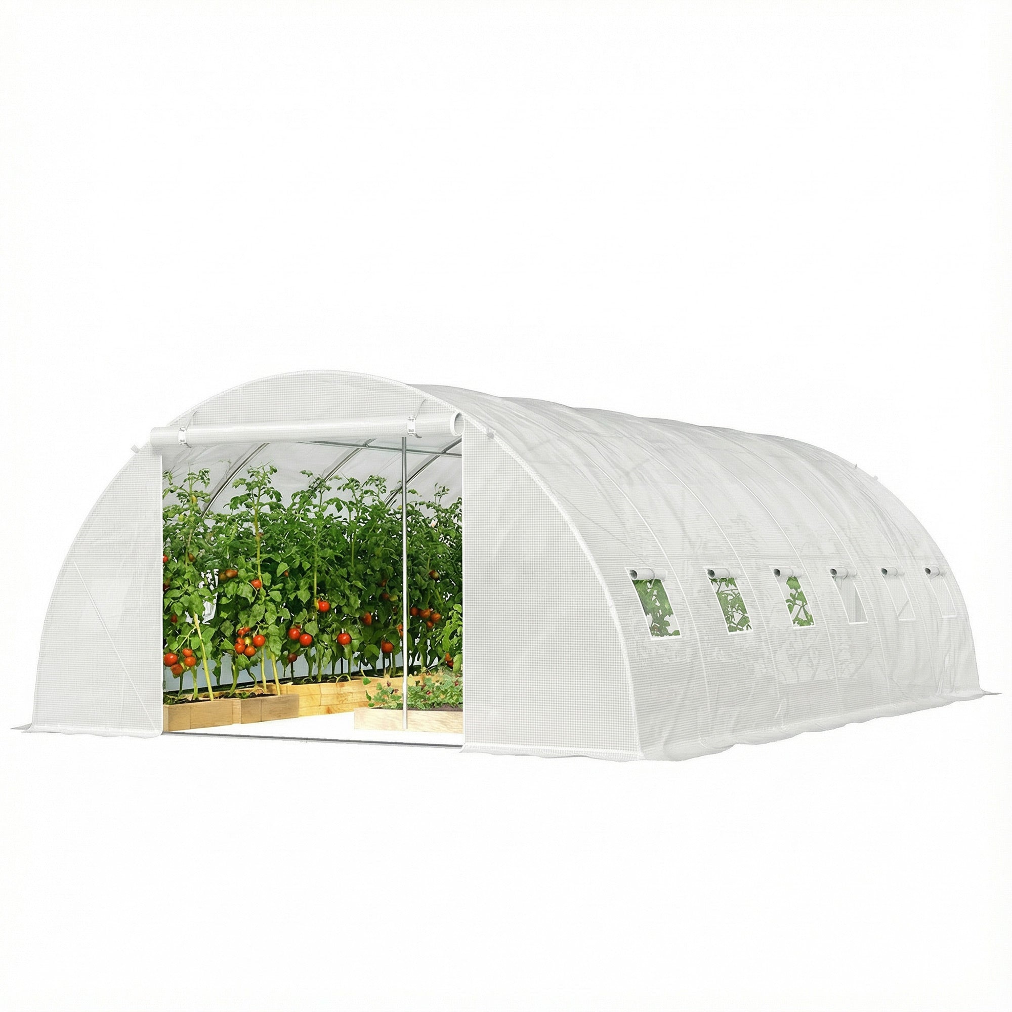 Outdoor Tunnel Greenhouse, 6 x 4 x 2 m – Galvanized Steel Frame, Waterproof UV-Resistant PE Cover, Roll-Up Doors & Mesh Windows, White