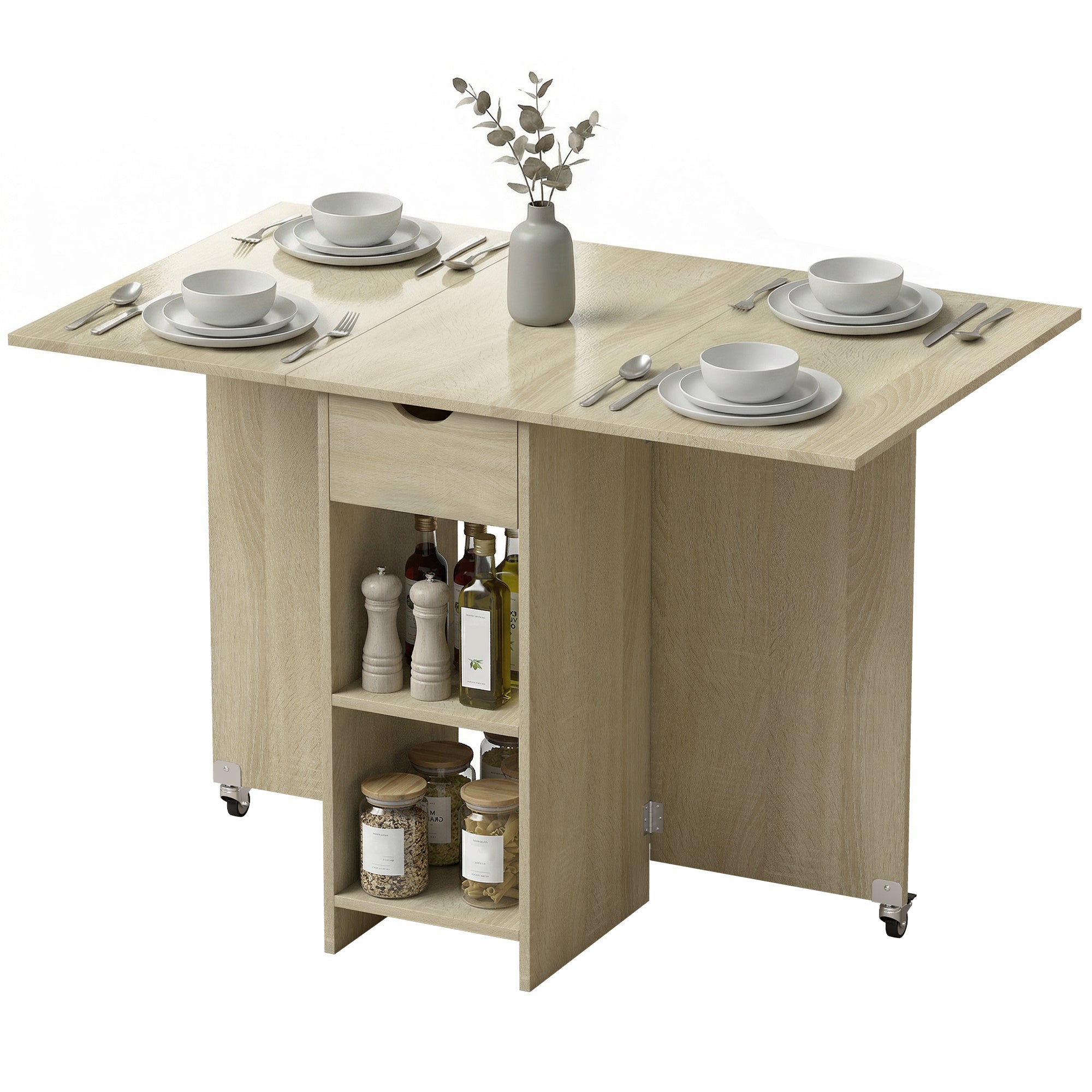 Foldable Dining Table with Drawer and 2 Shelves, Seats 2–4, Modern Space-Saving Kitchen/Dining Table, Natural Wood, 114.5 x 70 x 75 cm (45.1 x 27.6 x 29.5 in)