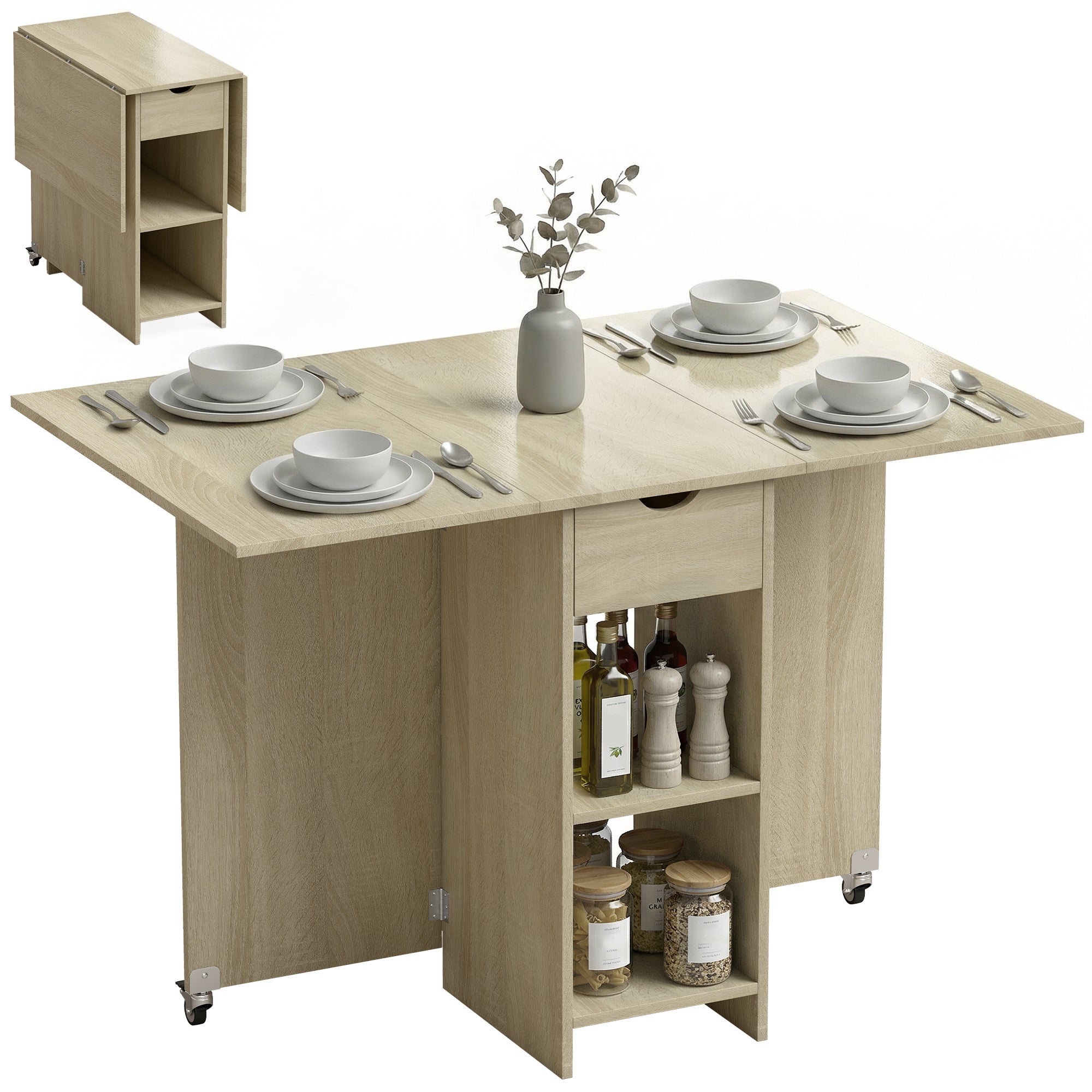 Foldable Dining Table with Drawer and 2 Shelves, Seats 2–4, Modern Space-Saving Kitchen/Dining Table, Natural Wood, 114.5 x 70 x 75 cm (45.1 x 27.6 x 29.5 in)