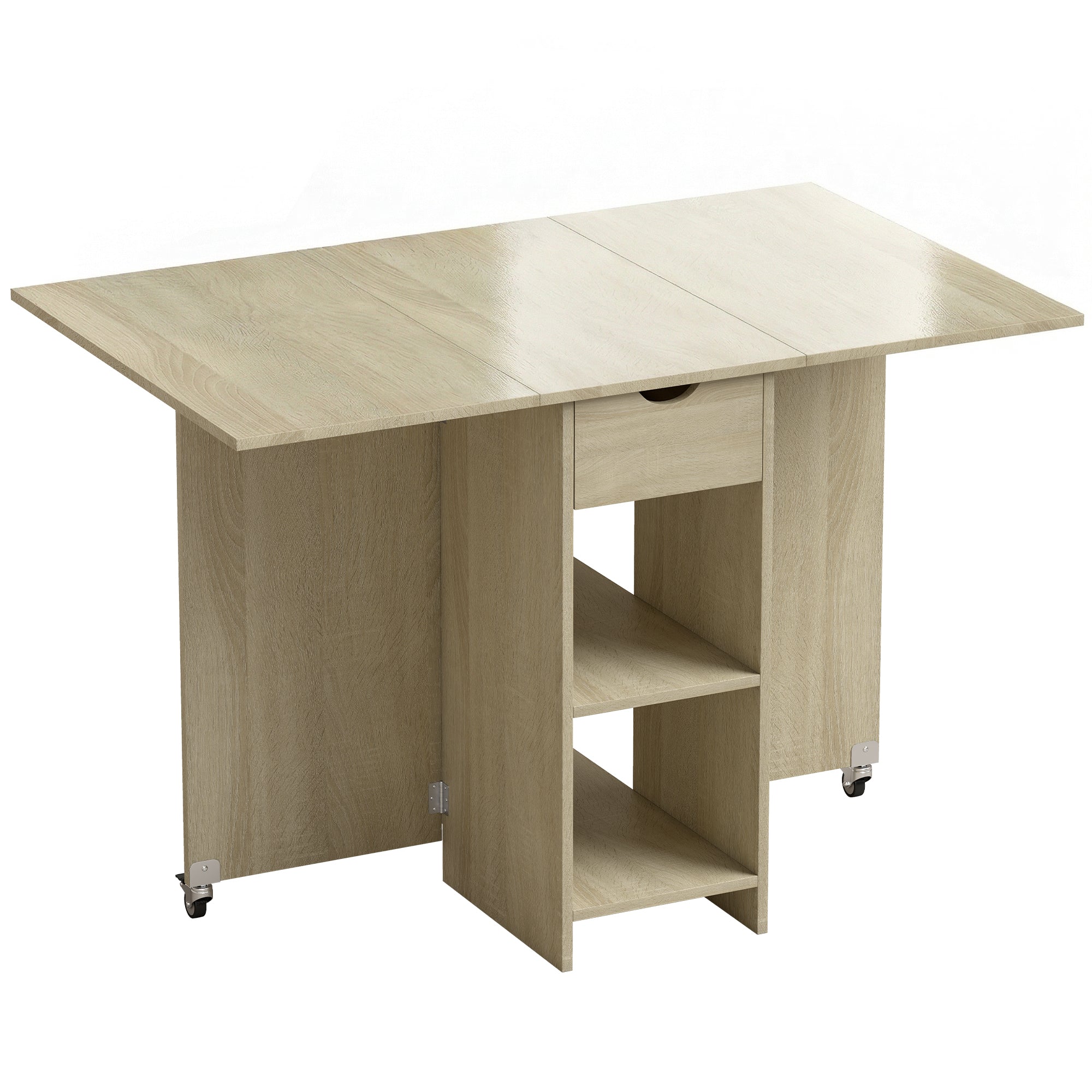 Foldable Dining Table with Drawer and 2 Shelves, Seats 2–4, Modern Space-Saving Kitchen/Dining Table, Natural Wood, 114.5 x 70 x 75 cm (45.1 x 27.6 x 29.5 in)