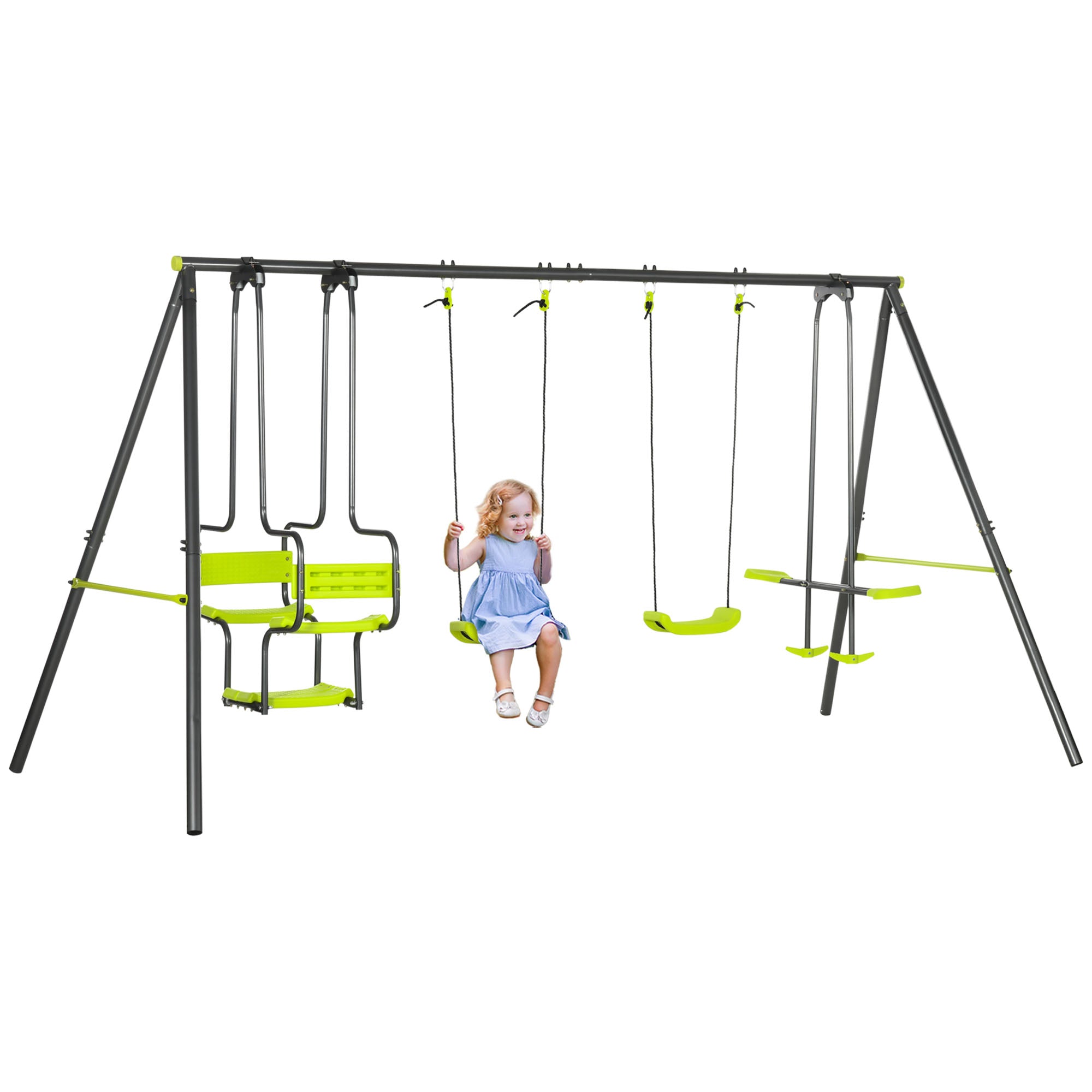 Children's Outdoor Swing Set with 2 Swings, Swivel Seats, and Steel Frame Swings for Kids 3-8 Years 355x184x186 cm Green