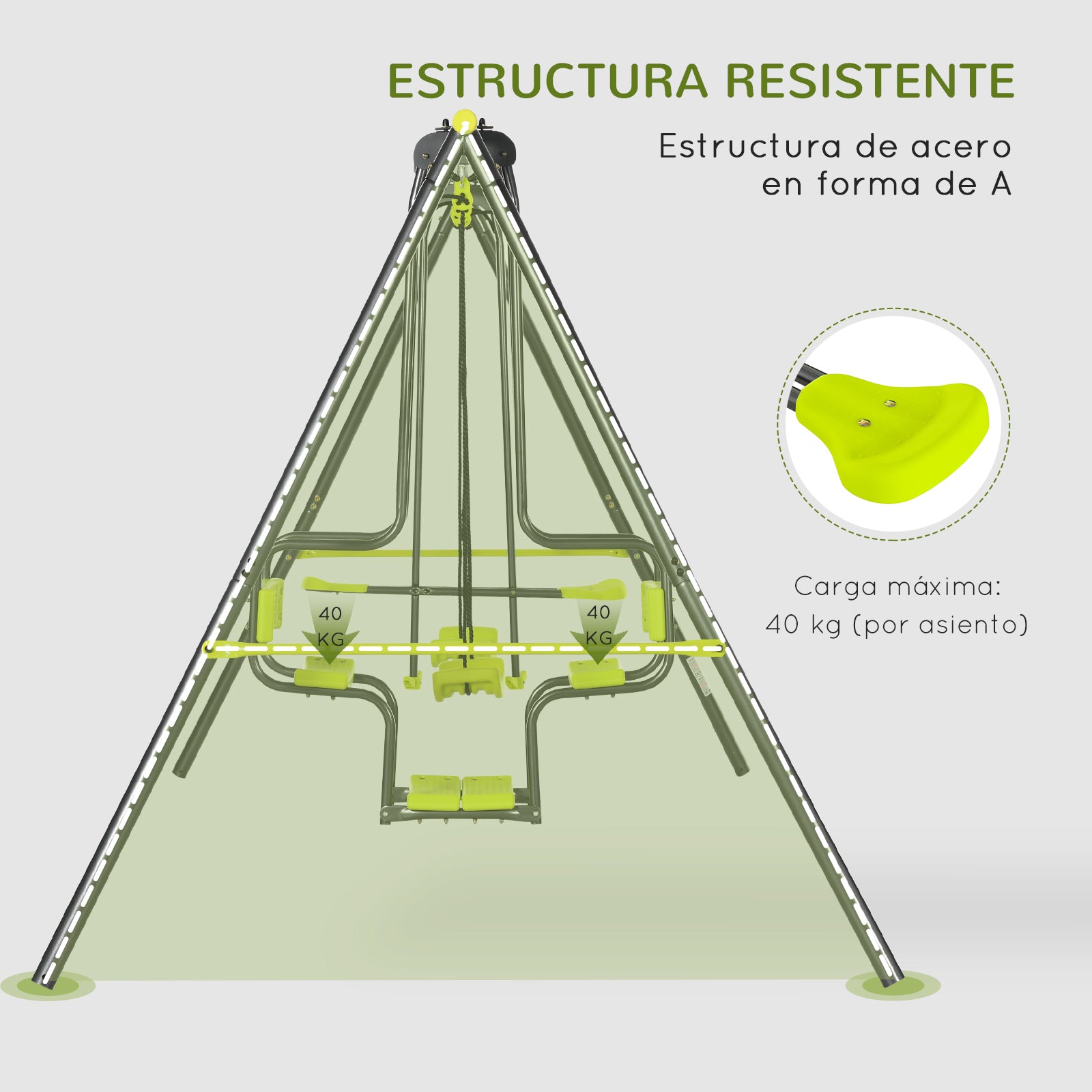 Children's Outdoor Swing Set with 2 Swings, Swivel Seats, and Steel Frame Swings for Kids 3-8 Years 355x184x186 cm Green
