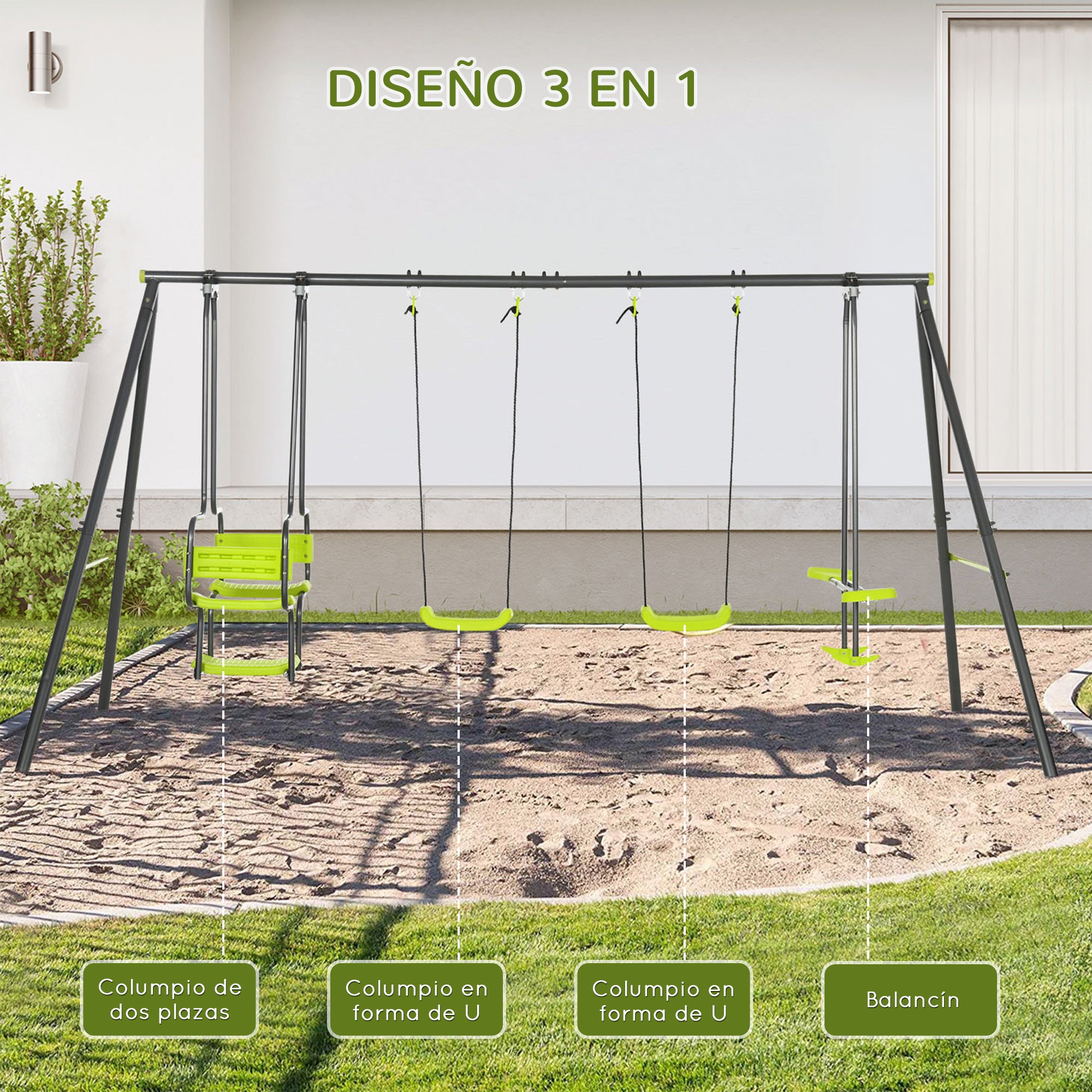 Children's Outdoor Swing Set with 2 Swings, Swivel Seats, and Steel Frame Swings for Kids 3-8 Years 355x184x186 cm Green
