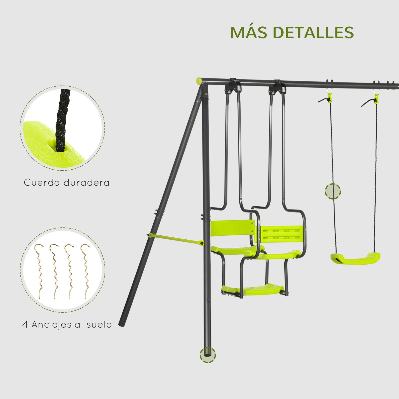 Children's Outdoor Swing Set with 2 Swings, Swivel Seats, and Steel Frame Swings for Kids 3-8 Years 355x184x186 cm Green