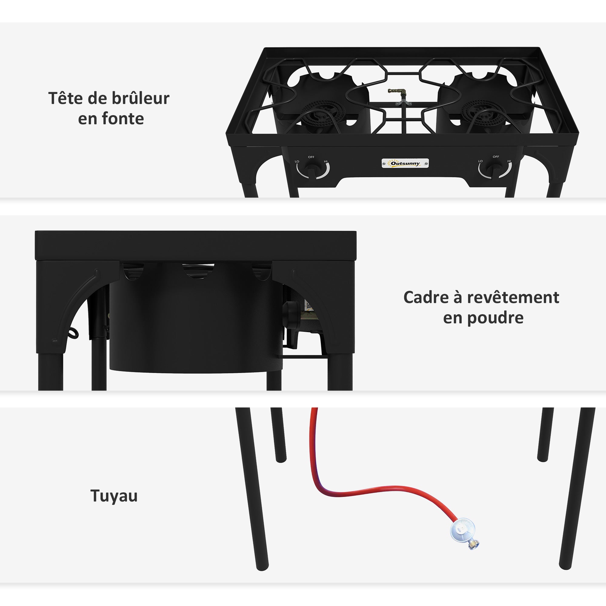 2-Burner Propane Stove Portable Gas Burner 150,000 BTU/h with 2 Removable Feet for Outdoor, Camping, Cast Metal, Dim. 79L x 40W x 73H cm