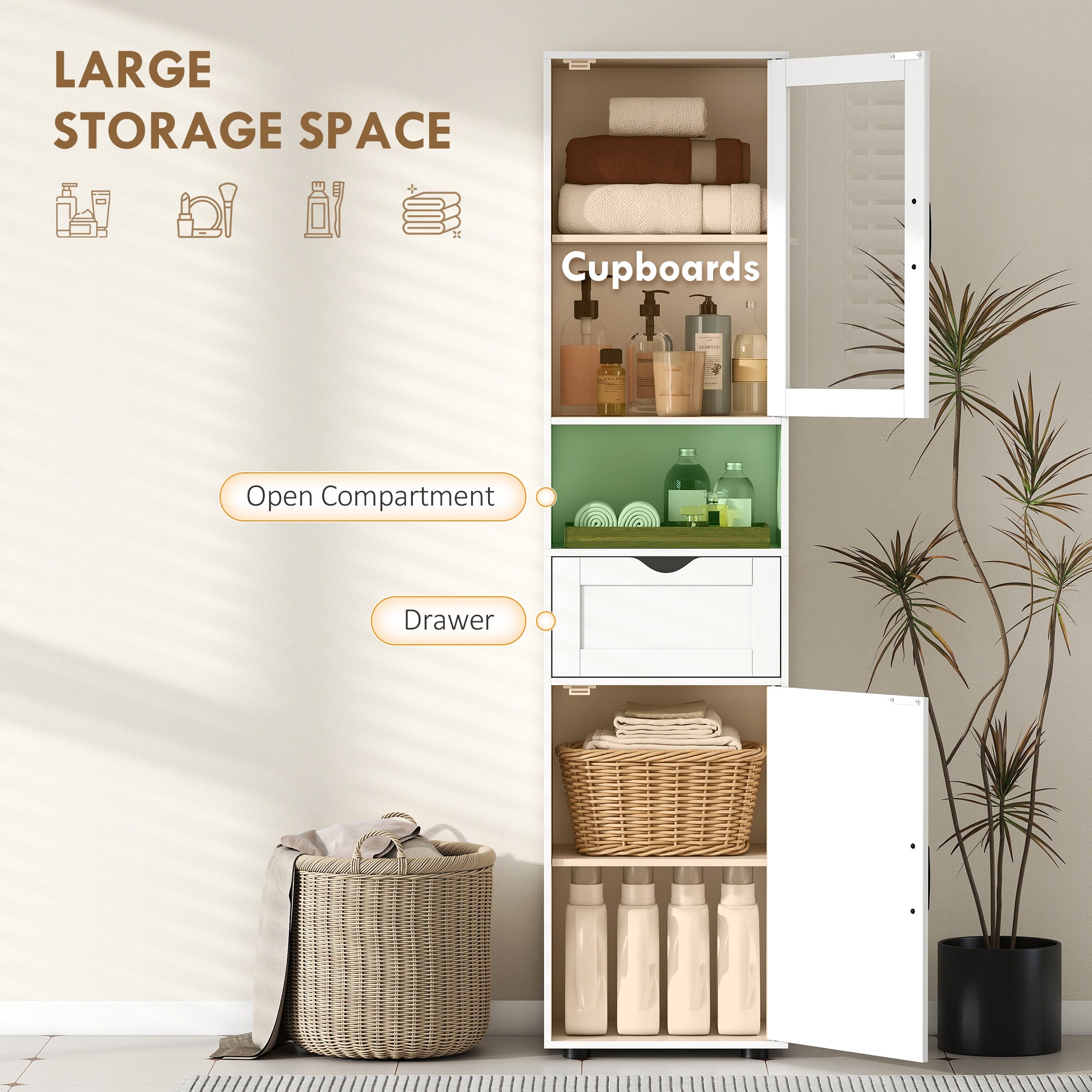 Slim Bathroom Storage Cabinet with Glass Door, Open Shelf, Drawer & Adjustable Shelves — 15.7" x 11.8" x 65", White