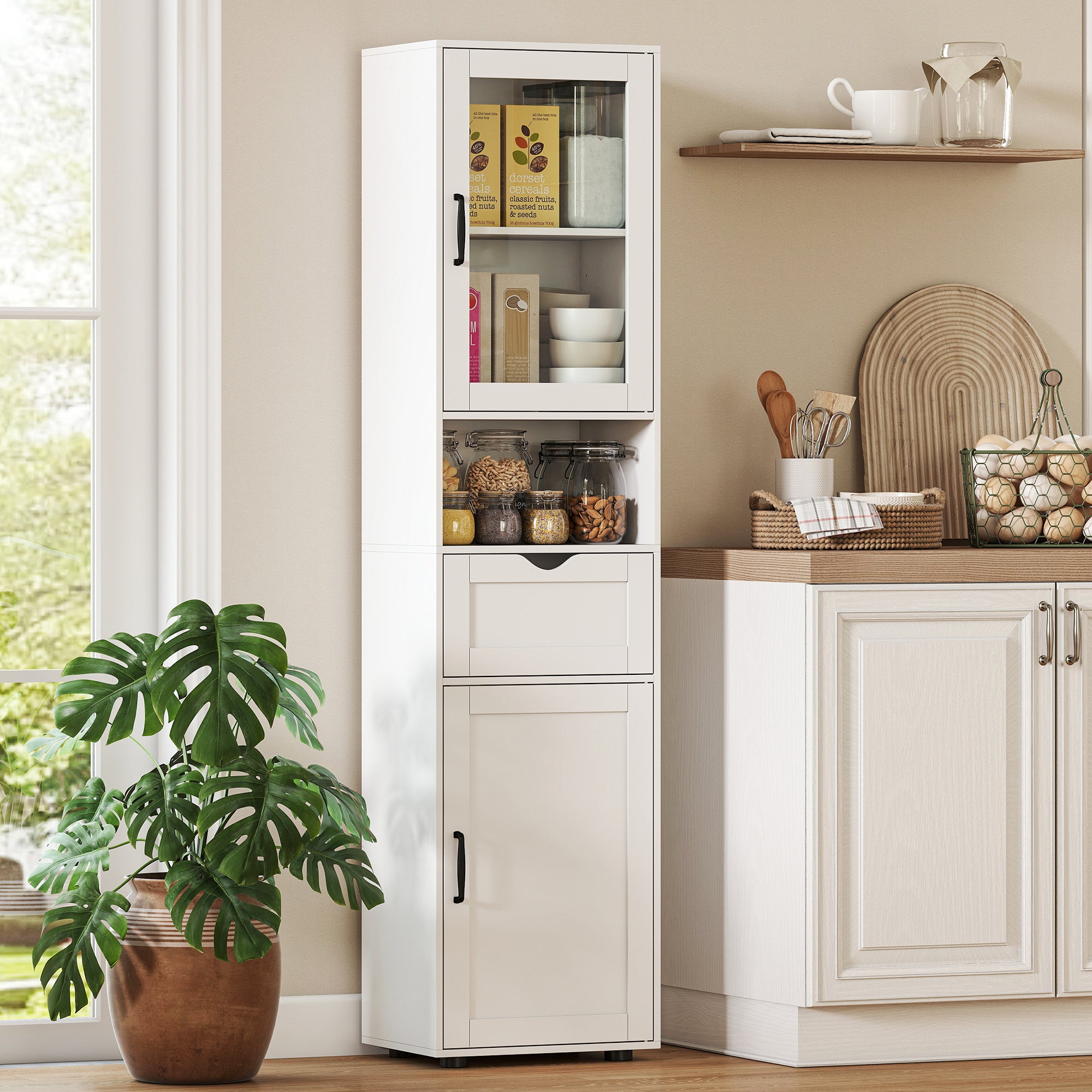 Slim Bathroom Storage Cabinet with Glass Door, Open Shelf, Drawer & Adjustable Shelves — 15.7" x 11.8" x 65", White