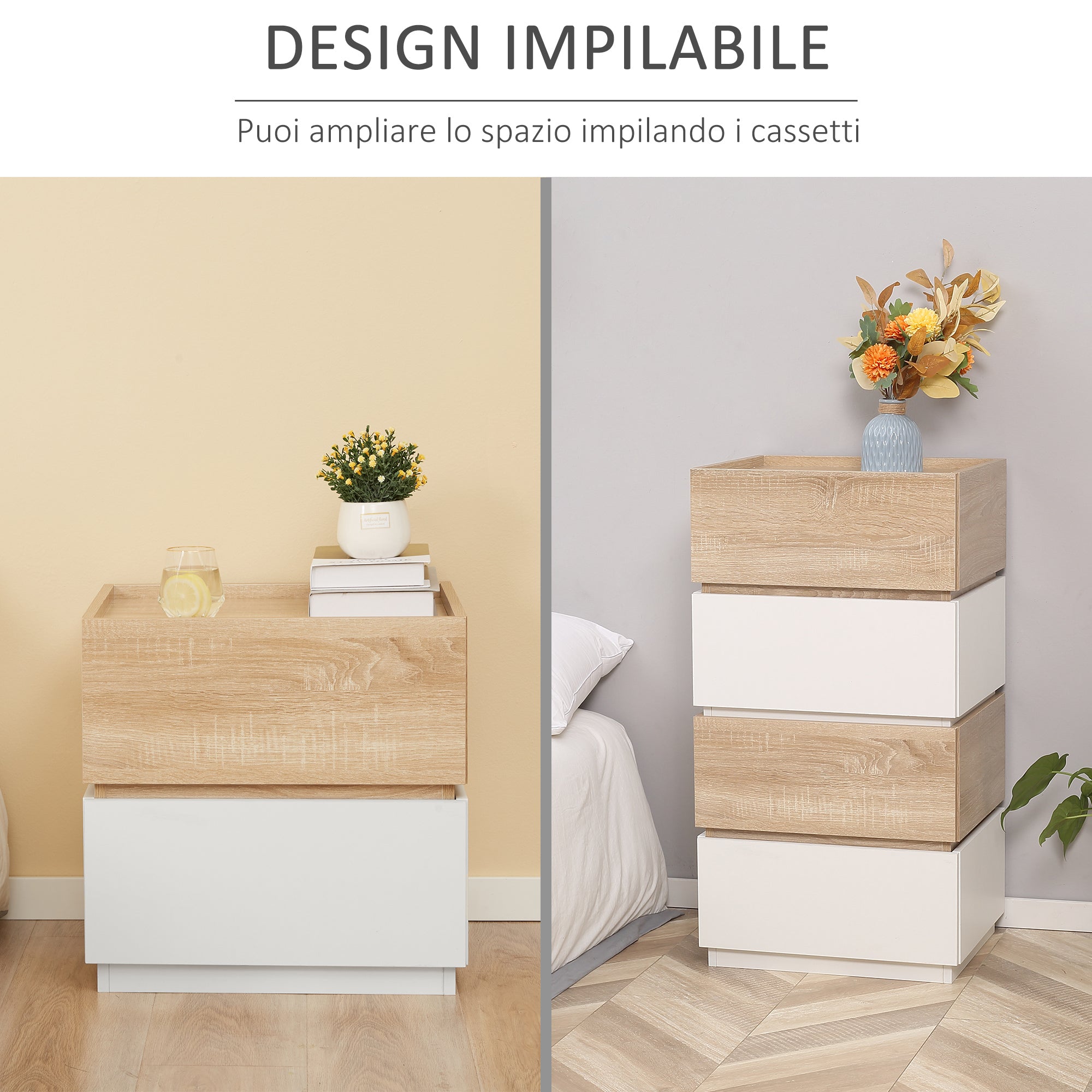 Modern Stackable Bedside Table with 2 Drawers, Bedroom Cabinet, Side Table for Living Room, 50x40x47.5cm, White and Wood