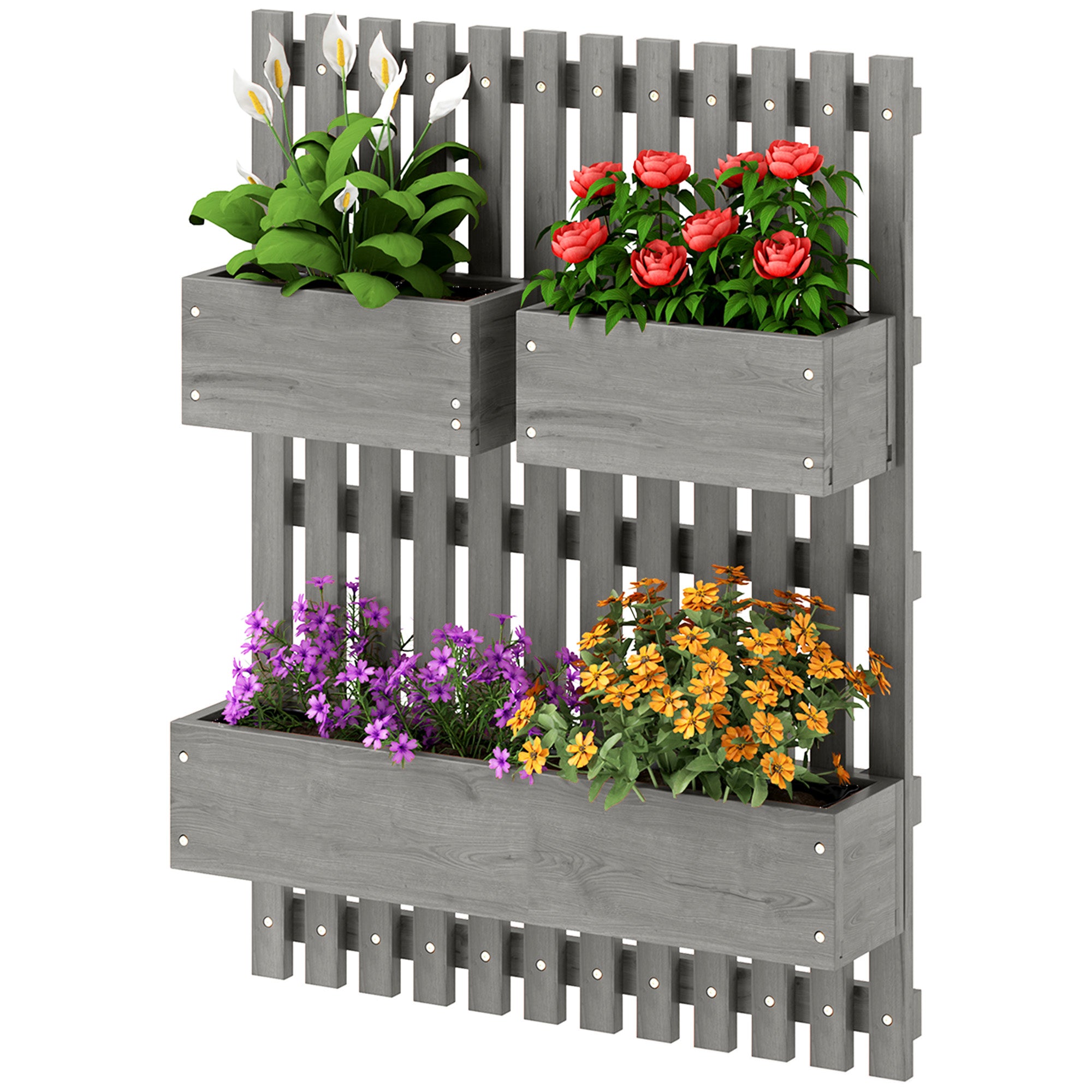 Wall-Mounted Vertical Planter — 3 Removable Fir Wood Boxes with Non-Woven Liners, 60 x 16 x 80 cm (Gray)
