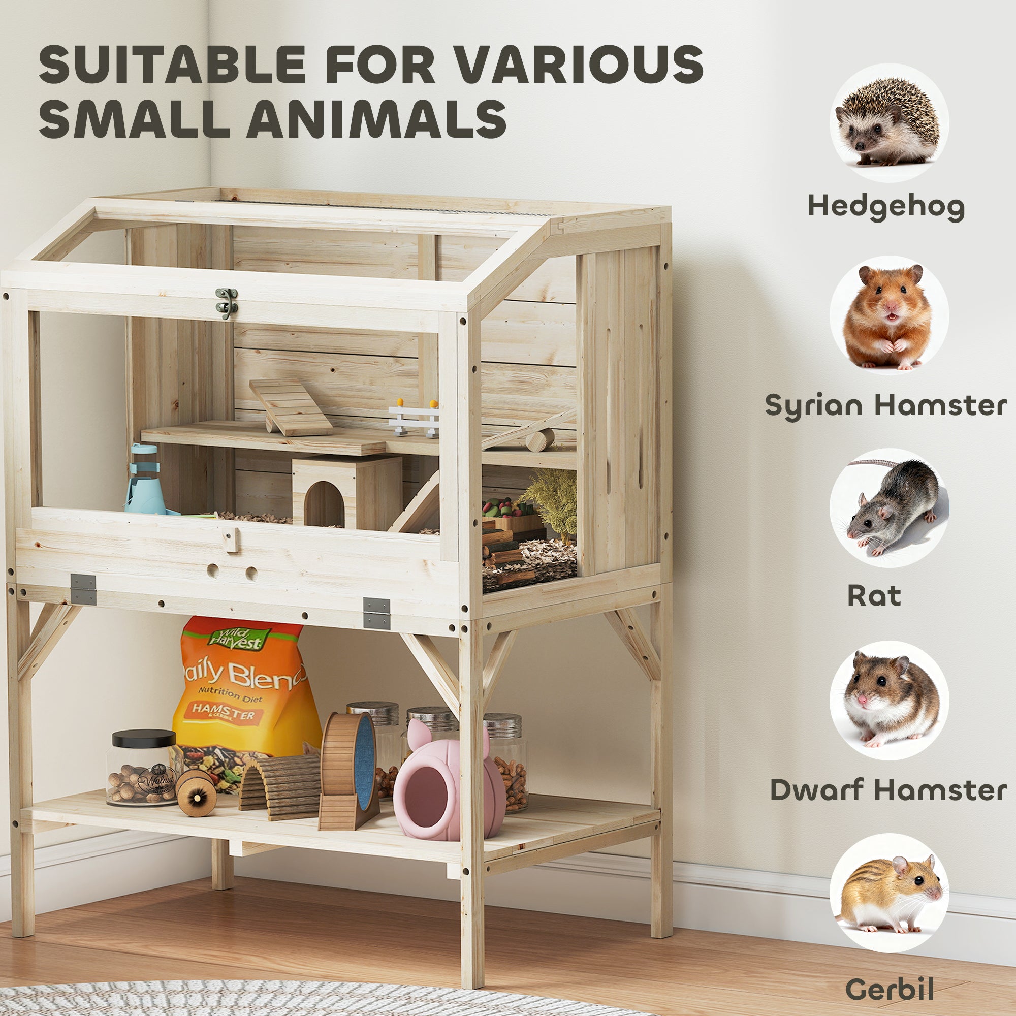 2-Tier Wooden Hamster Cage with Storage Compartment, Top-Opening Lid, Tray, Seesaws, Ramp, Gnaw-Proof Panels, Wheel & Hideout — 84 x 53 x 110 cm (33.1 x 20.9 x 43.3 in), Natural