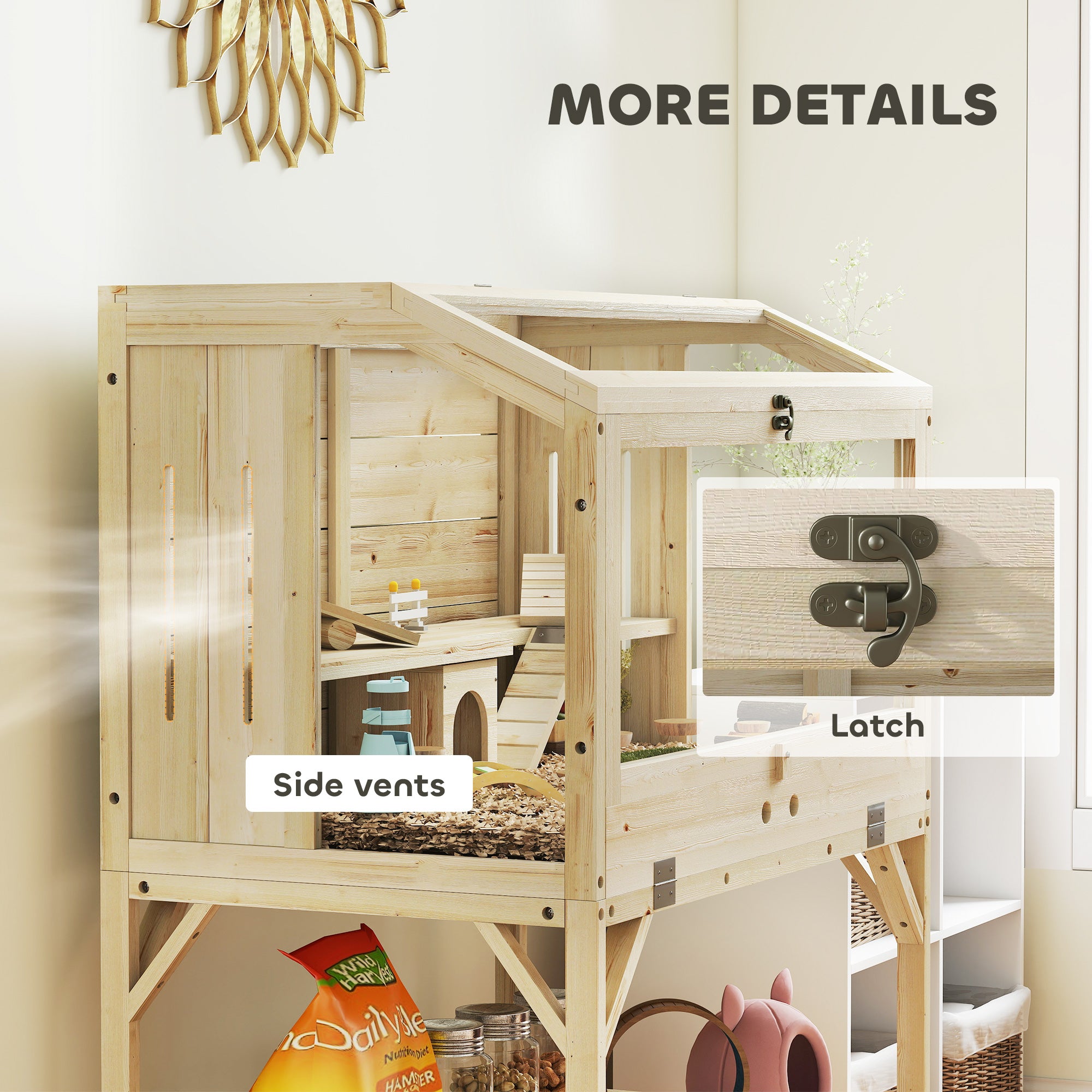 2-Tier Wooden Hamster Cage with Storage Compartment, Top-Opening Lid, Tray, Seesaws, Ramp, Gnaw-Proof Panels, Wheel & Hideout — 84 x 53 x 110 cm (33.1 x 20.9 x 43.3 in), Natural