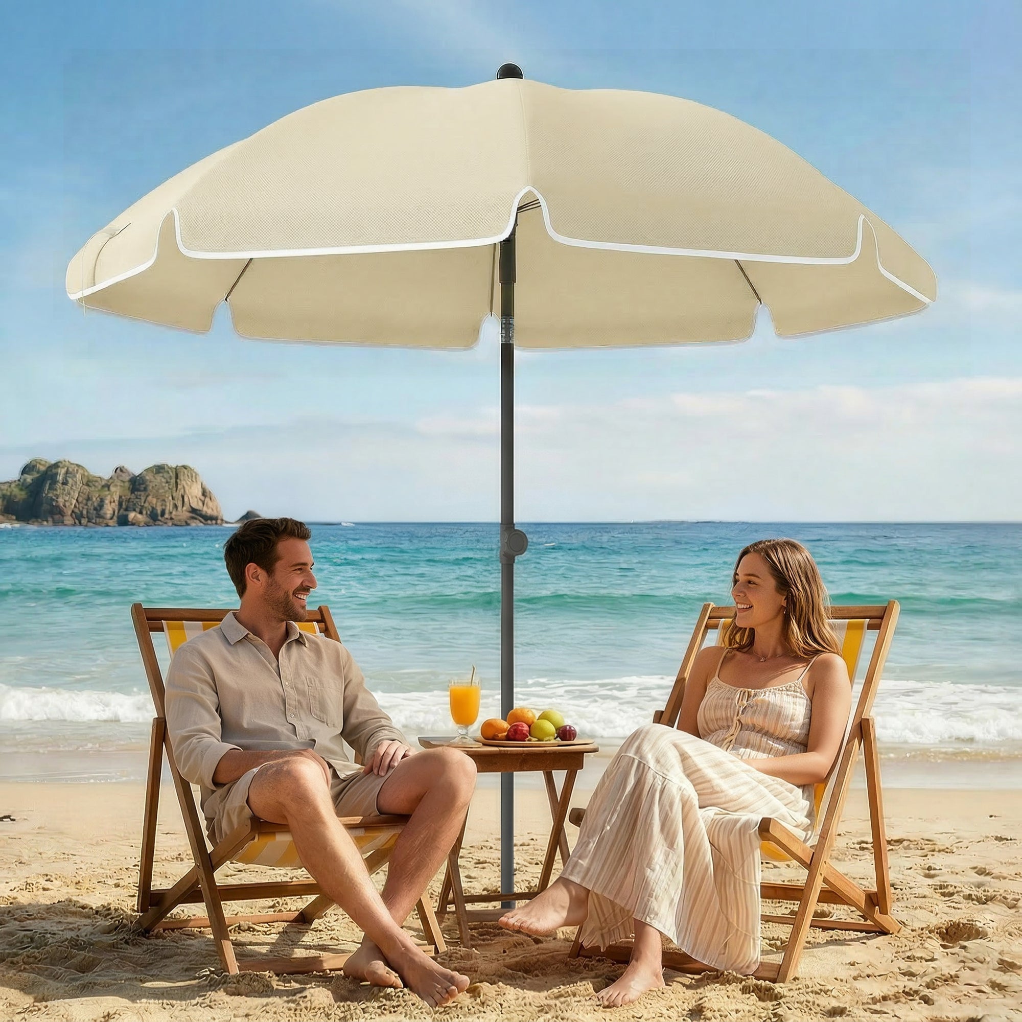 Beach Umbrella Ø150 cm (59") – Sand Anchor, Adjustable Tilt & Height, Water-Resistant, Portable – Beige
