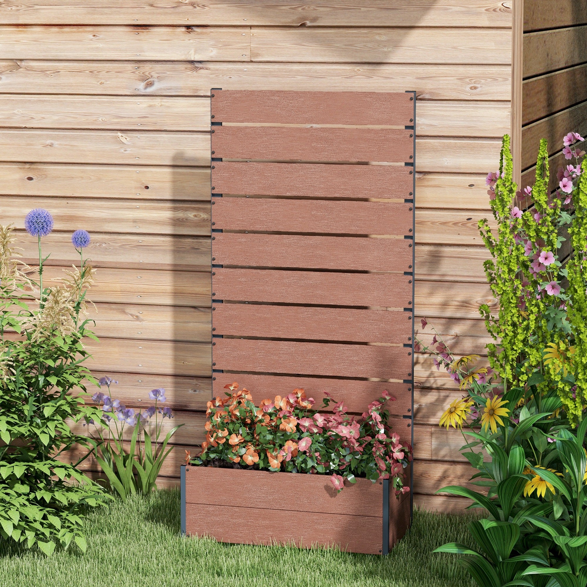 planter box with slatted trellis, raised bed with trellis for climbing plants, 72x38x150cm, light brown