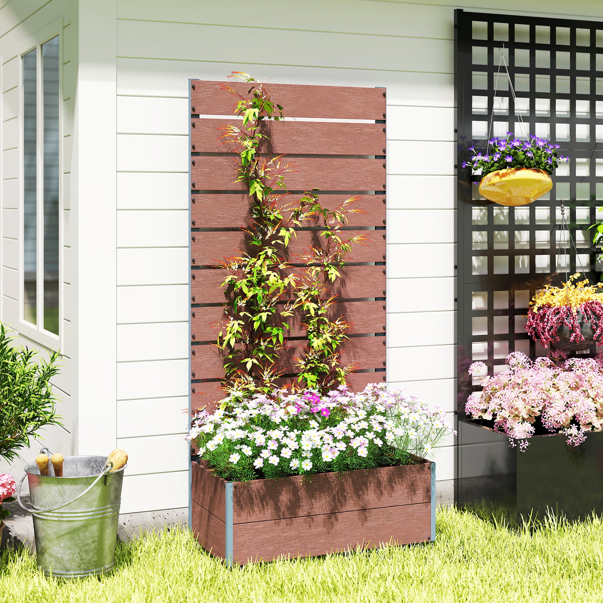planter box with slatted trellis, raised bed with trellis for climbing plants, 72x38x150cm, light brown