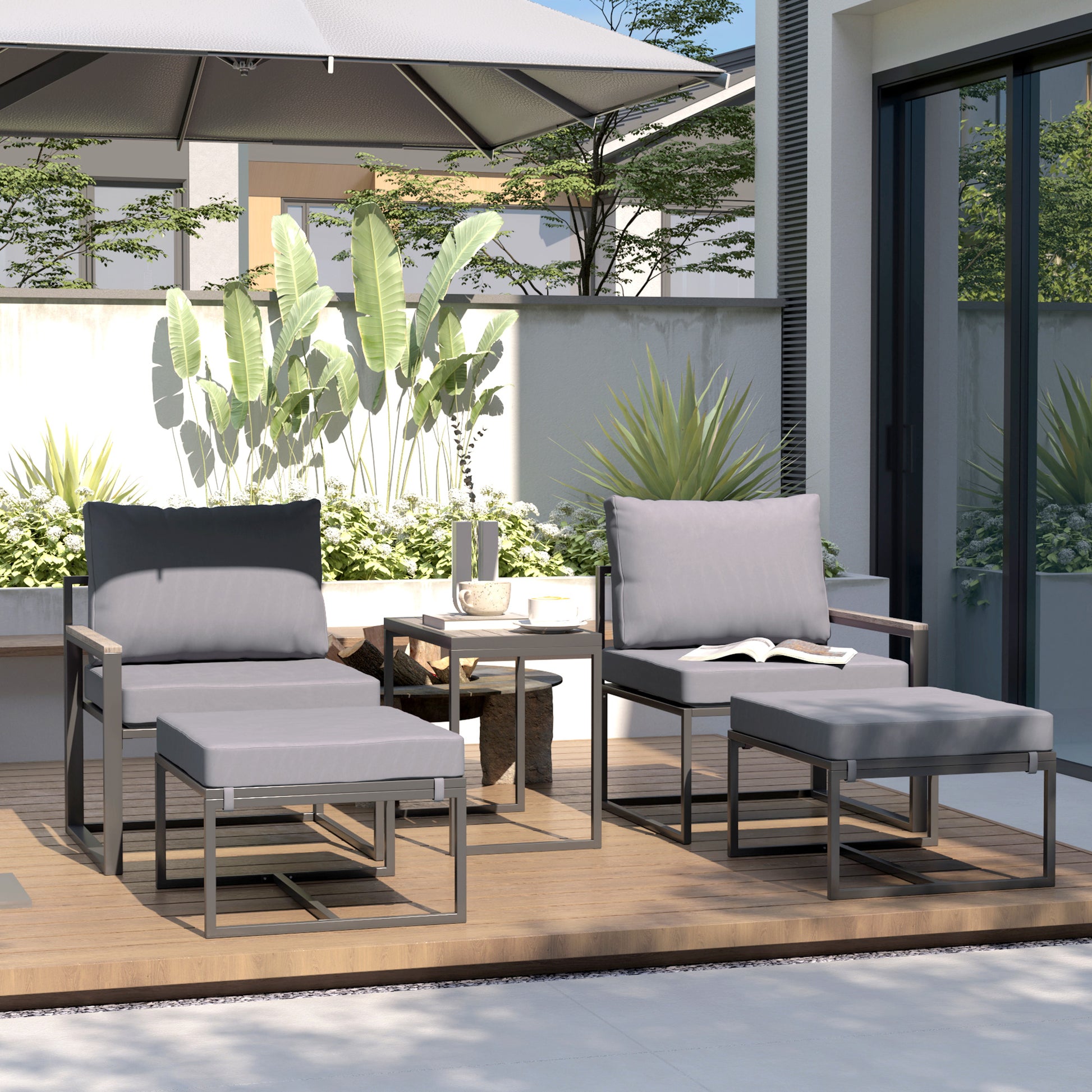 Garden Furniture Set 2 Person Steel Weatherproof Balcony Furniture Set with 2 Armchairs Seat Cushions Side Table Footstool Outdoor Seating Group Patio Furniture Garden Furniture Set for Garden Terrace Balcony Gray