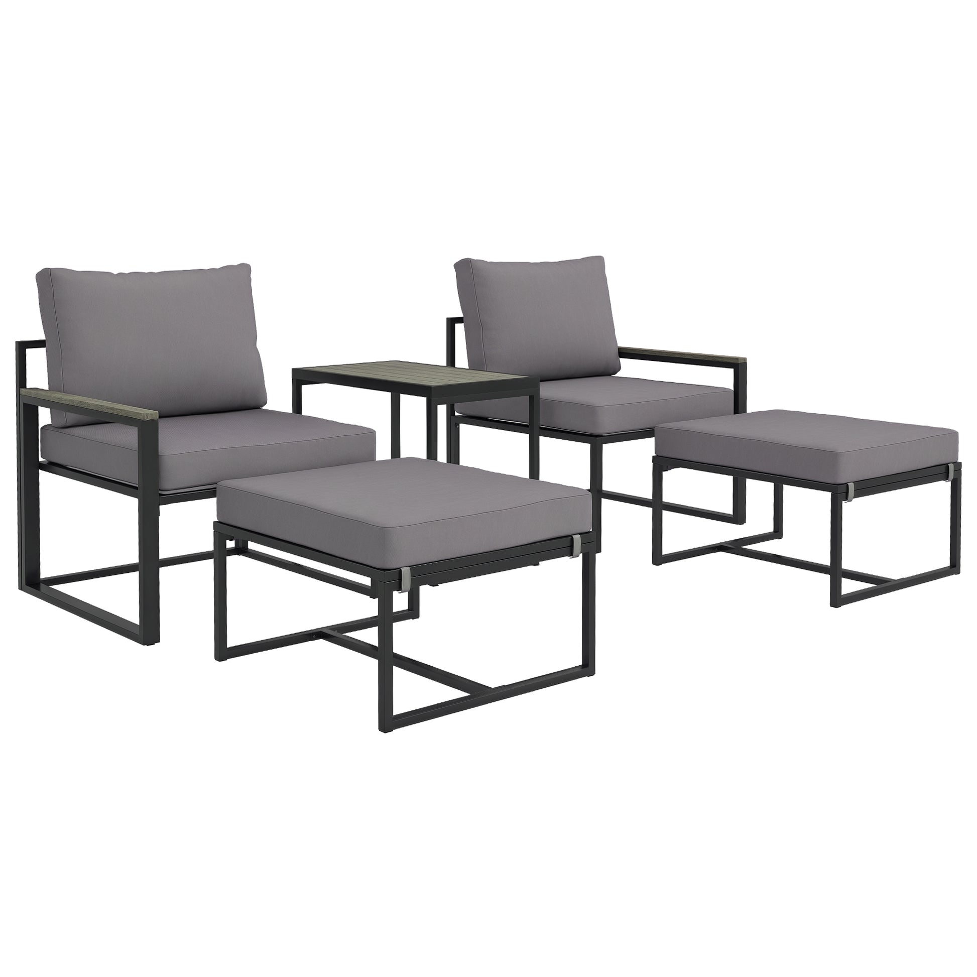 Garden Furniture Set 2 Person Steel Weatherproof Balcony Furniture Set with 2 Armchairs Seat Cushions Side Table Footstool Outdoor Seating Group Patio Furniture Garden Furniture Set for Garden Terrace Balcony Gray