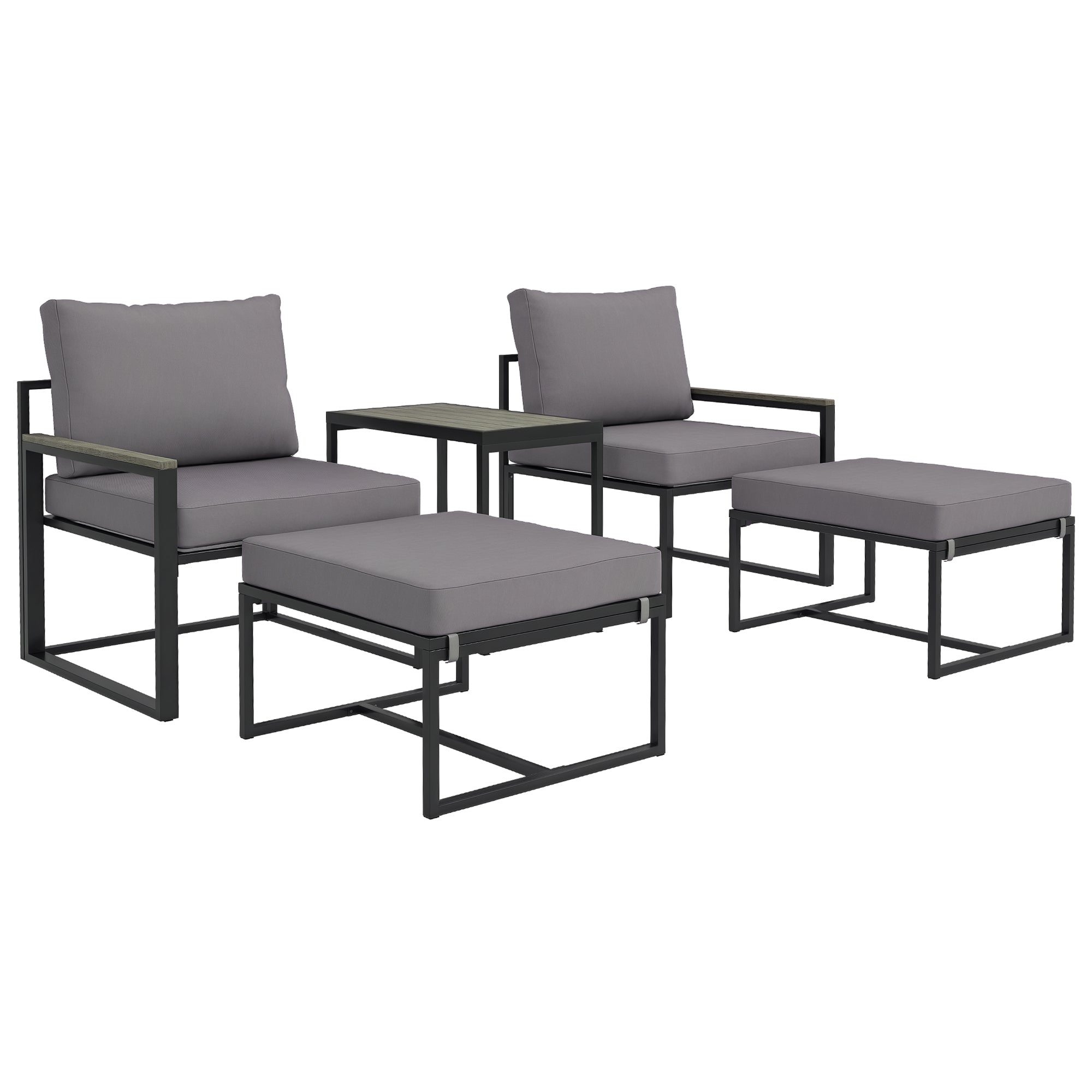 Garden Furniture Set 2 Person Steel Weatherproof Balcony Furniture Set with 2 Armchairs Seat Cushions Side Table Footstool Outdoor Seating Group Patio Furniture Garden Furniture Set for Garden Terrace Balcony Gray