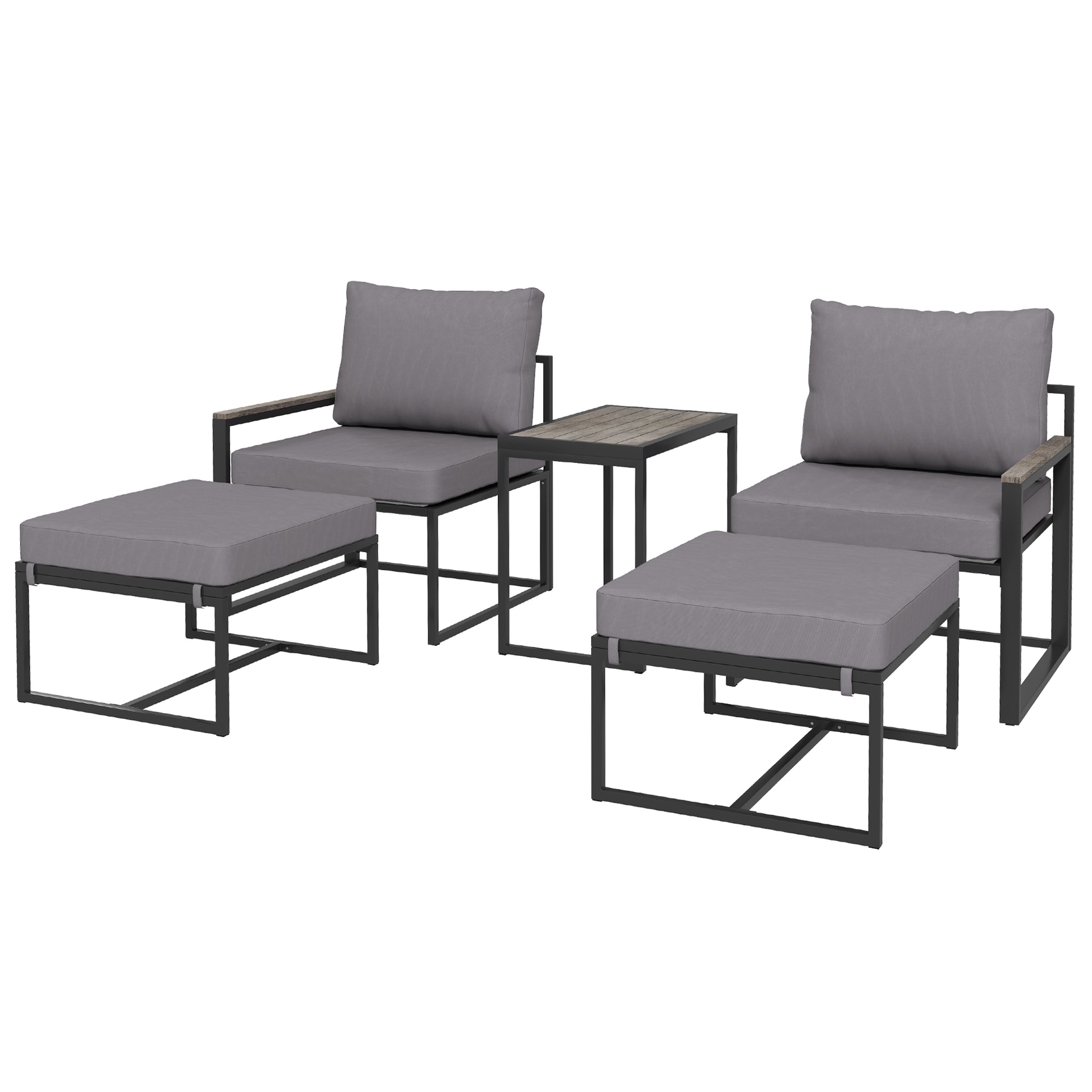 Garden Furniture Set 2 Person Steel Weatherproof Balcony Furniture Set with 2 Armchairs Seat Cushions Side Table Footstool Outdoor Seating Group Patio Furniture Garden Furniture Set for Garden Terrace Balcony Gray