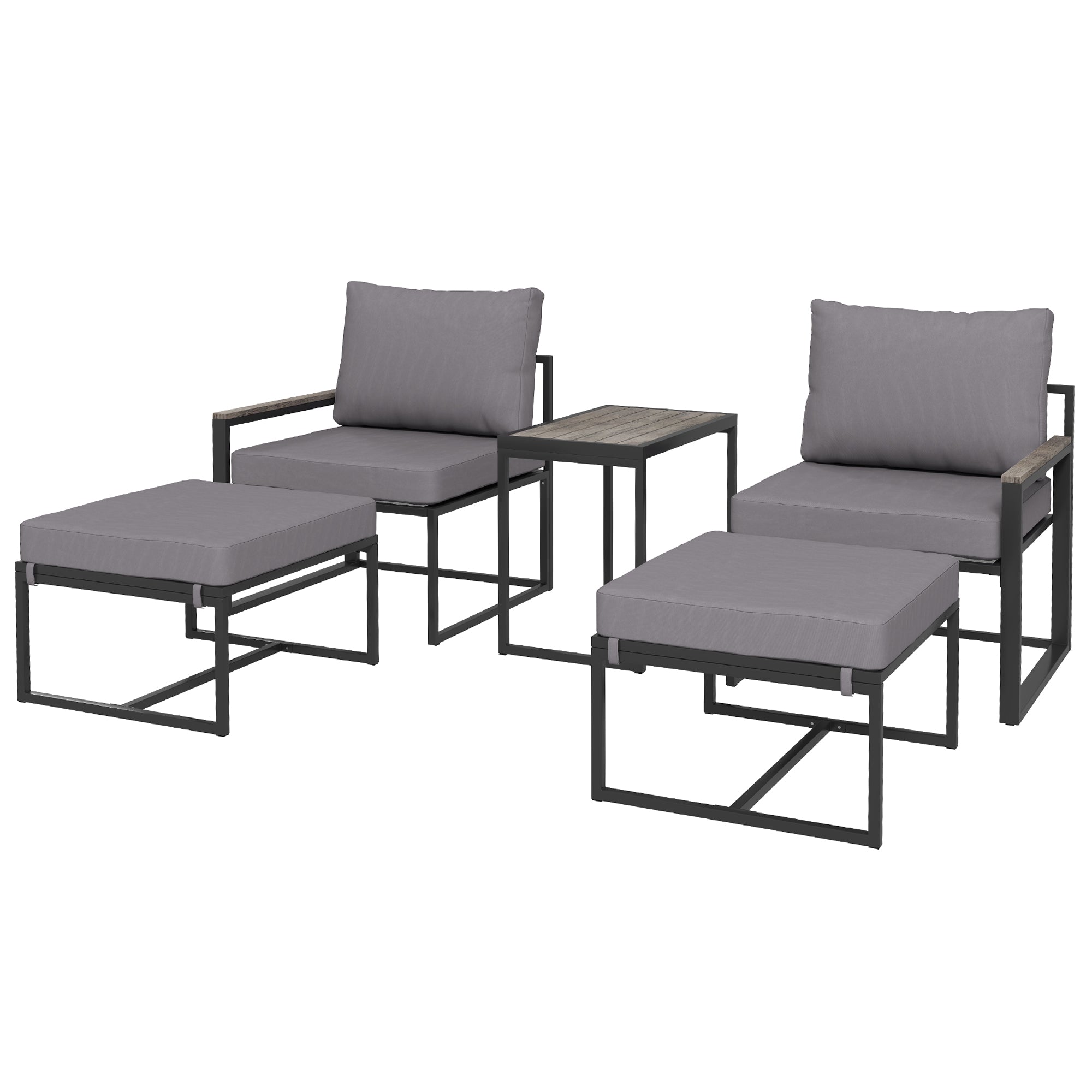 Garden Furniture Set 2 Person Steel Weatherproof Balcony Furniture Set with 2 Armchairs Seat Cushions Side Table Footstool Outdoor Seating Group Patio Furniture Garden Furniture Set for Garden Terrace Balcony Gray