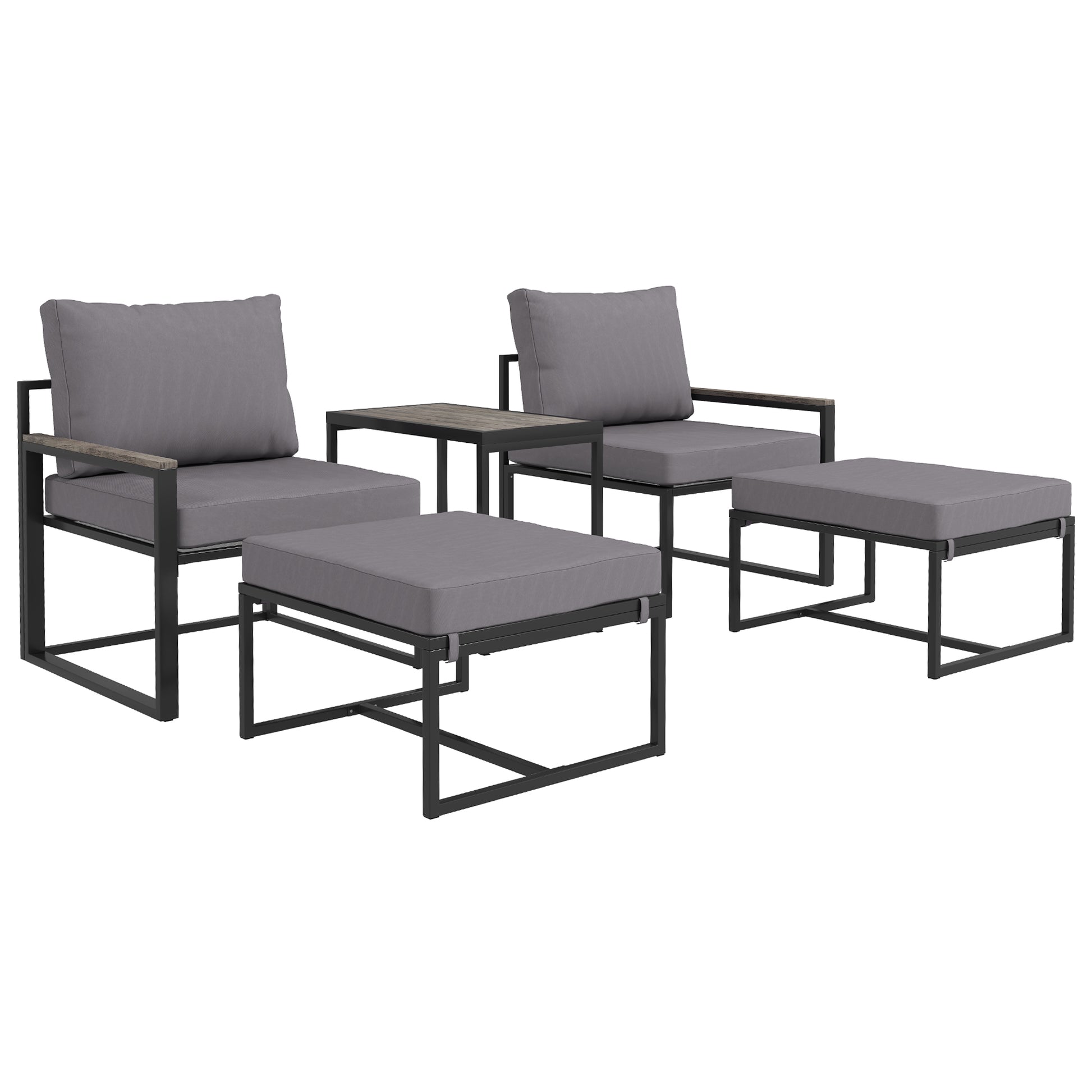 Garden Furniture Set 2 Person Steel Weatherproof Balcony Furniture Set with 2 Armchairs Seat Cushions Side Table Footstool Outdoor Seating Group Patio Furniture Garden Furniture Set for Garden Terrace Balcony Gray