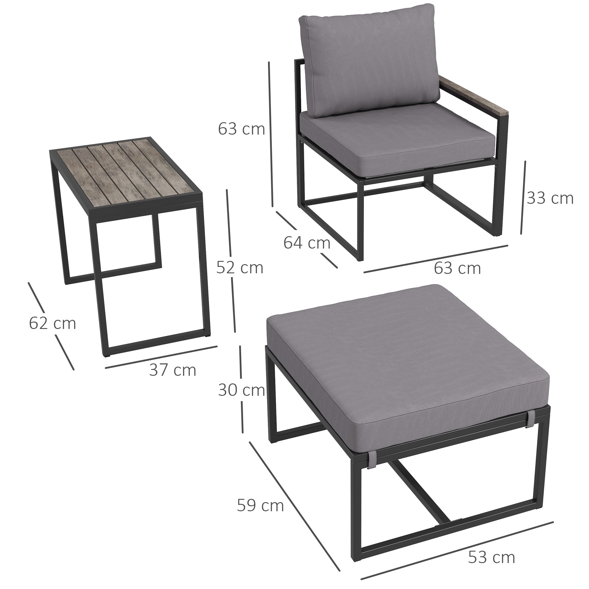 Garden Furniture Set 2 Person Steel Weatherproof Balcony Furniture Set with 2 Armchairs Seat Cushions Side Table Footstool Outdoor Seating Group Patio Furniture Garden Furniture Set for Garden Terrace Balcony Gray