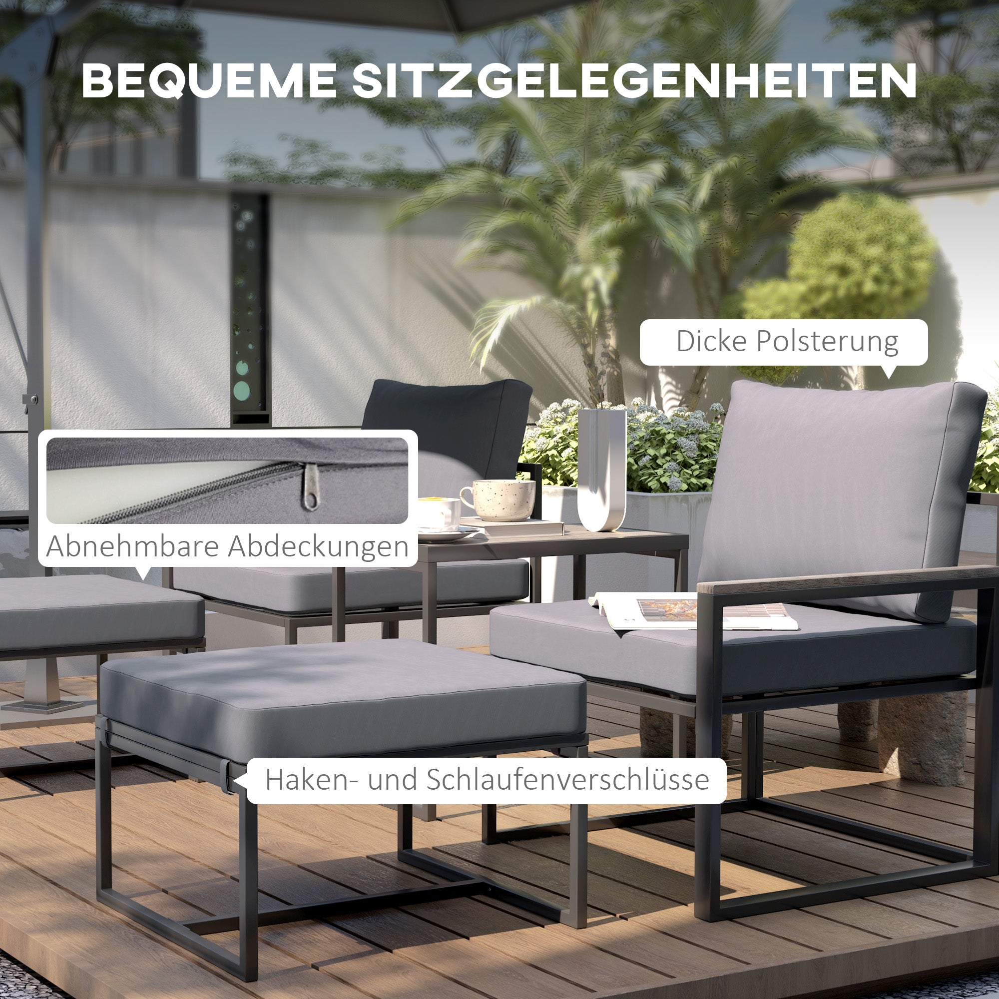 Garden Furniture Set 2 Person Steel Weatherproof Balcony Furniture Set with 2 Armchairs Seat Cushions Side Table Footstool Outdoor Seating Group Patio Furniture Garden Furniture Set for Garden Terrace Balcony Gray