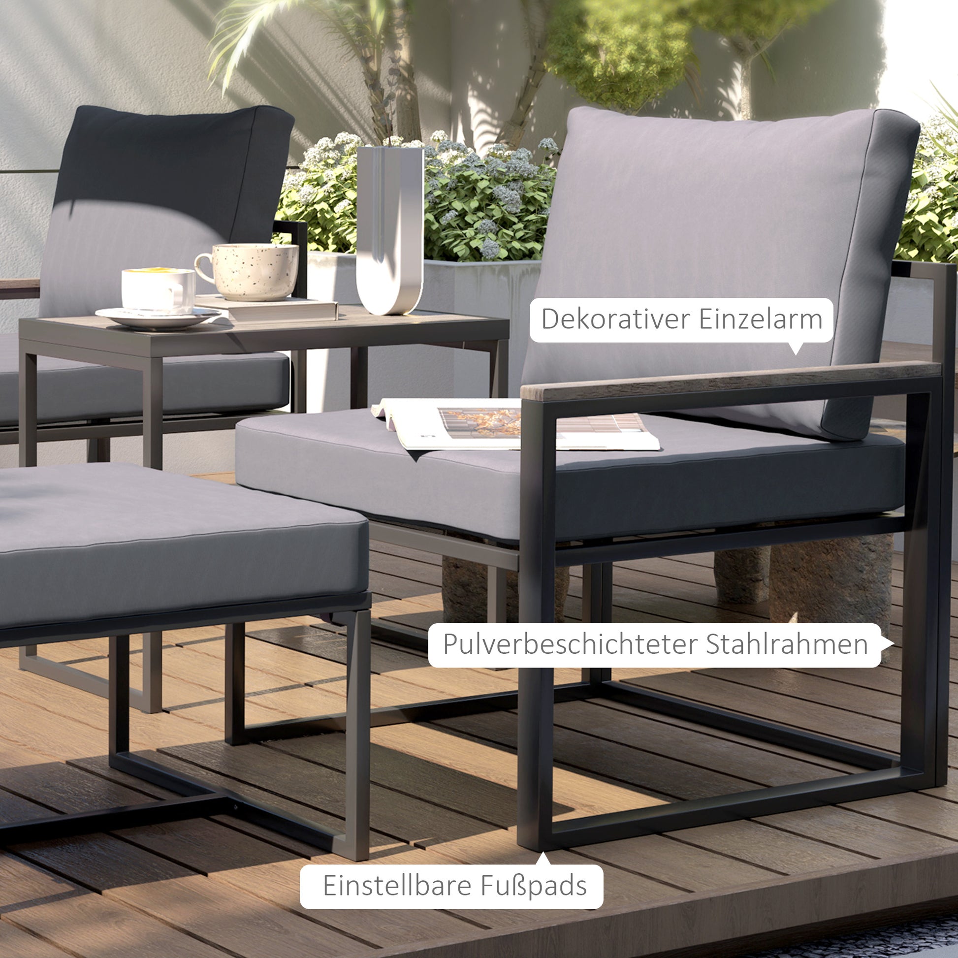 Garden Furniture Set 2 Person Steel Weatherproof Balcony Furniture Set with 2 Armchairs Seat Cushions Side Table Footstool Outdoor Seating Group Patio Furniture Garden Furniture Set for Garden Terrace Balcony Gray