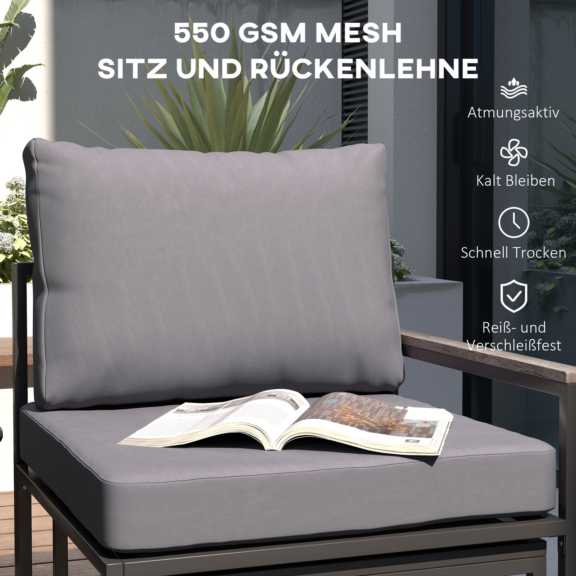 Garden Furniture Set 2 Person Steel Weatherproof Balcony Furniture Set with 2 Armchairs Seat Cushions Side Table Footstool Outdoor Seating Group Patio Furniture Garden Furniture Set for Garden Terrace Balcony Gray