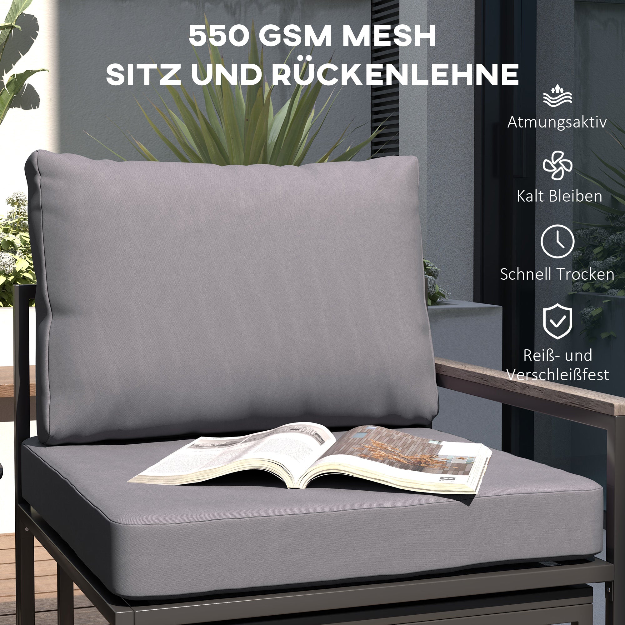 Garden Furniture Set 2 Person Steel Weatherproof Balcony Furniture Set with 2 Armchairs Seat Cushions Side Table Footstool Outdoor Seating Group Patio Furniture Garden Furniture Set for Garden Terrace Balcony Gray