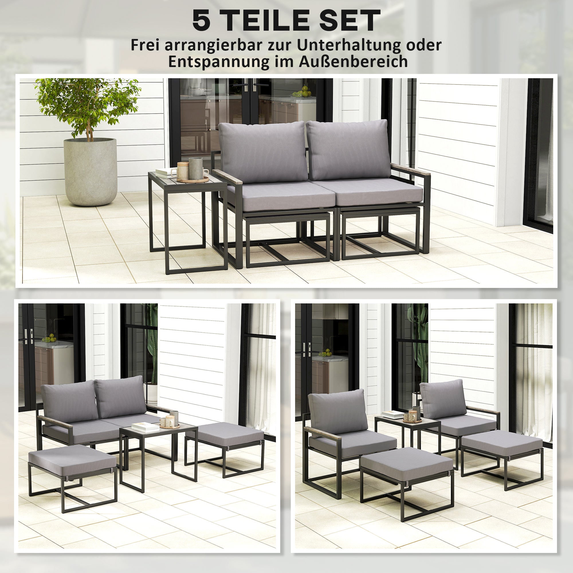 Garden Furniture Set 2 Person Steel Weatherproof Balcony Furniture Set with 2 Armchairs Seat Cushions Side Table Footstool Outdoor Seating Group Patio Furniture Garden Furniture Set for Garden Terrace Balcony Gray