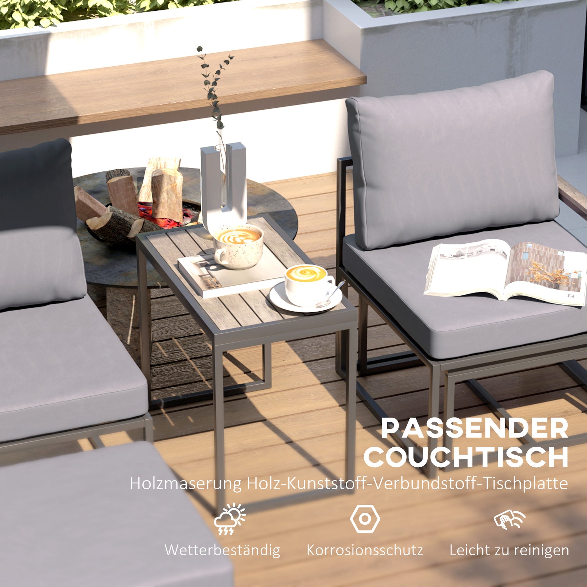Garden Furniture Set 2 Person Steel Weatherproof Balcony Furniture Set with 2 Armchairs Seat Cushions Side Table Footstool Outdoor Seating Group Patio Furniture Garden Furniture Set for Garden Terrace Balcony Gray
