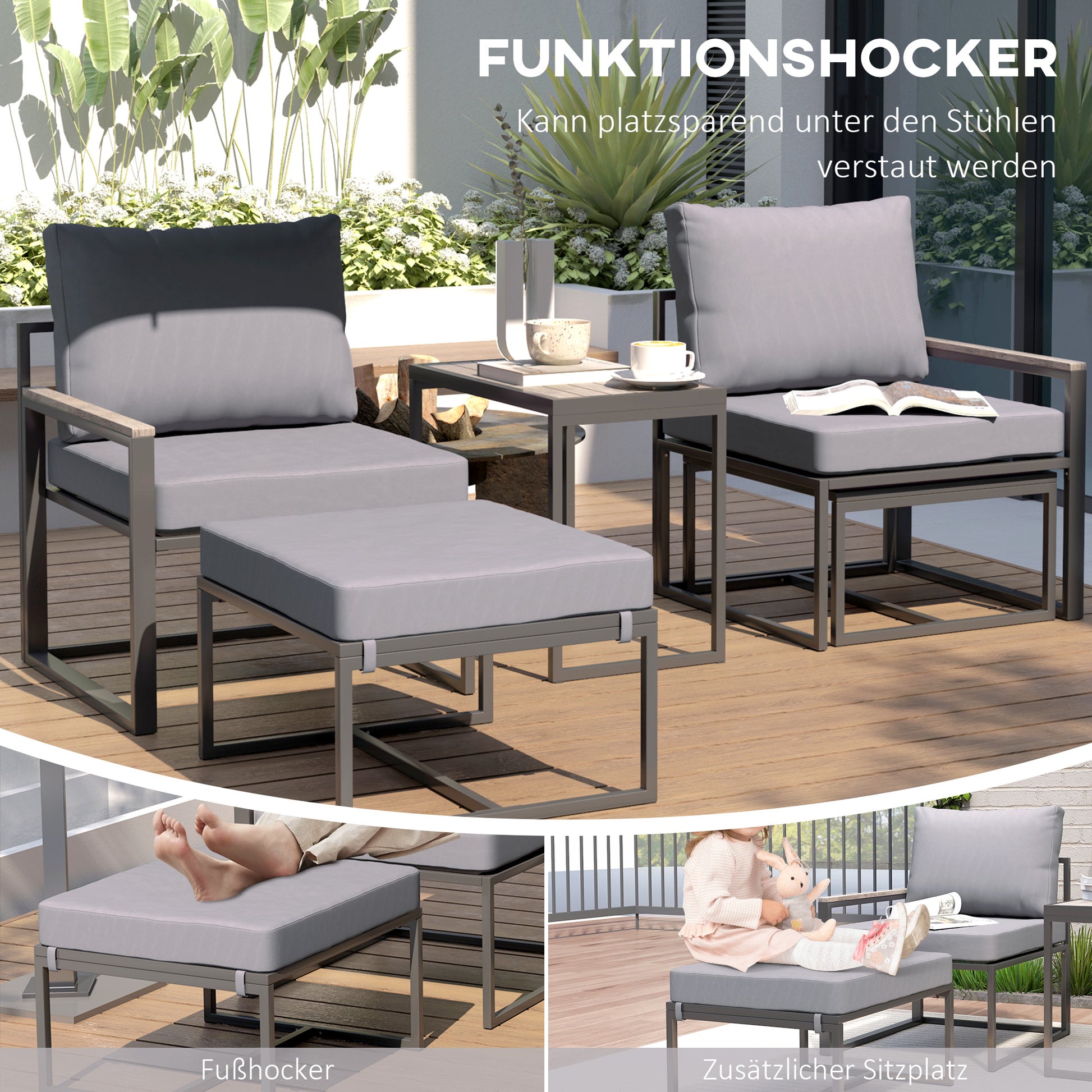 Garden Furniture Set 2 Person Steel Weatherproof Balcony Furniture Set with 2 Armchairs Seat Cushions Side Table Footstool Outdoor Seating Group Patio Furniture Garden Furniture Set for Garden Terrace Balcony Gray