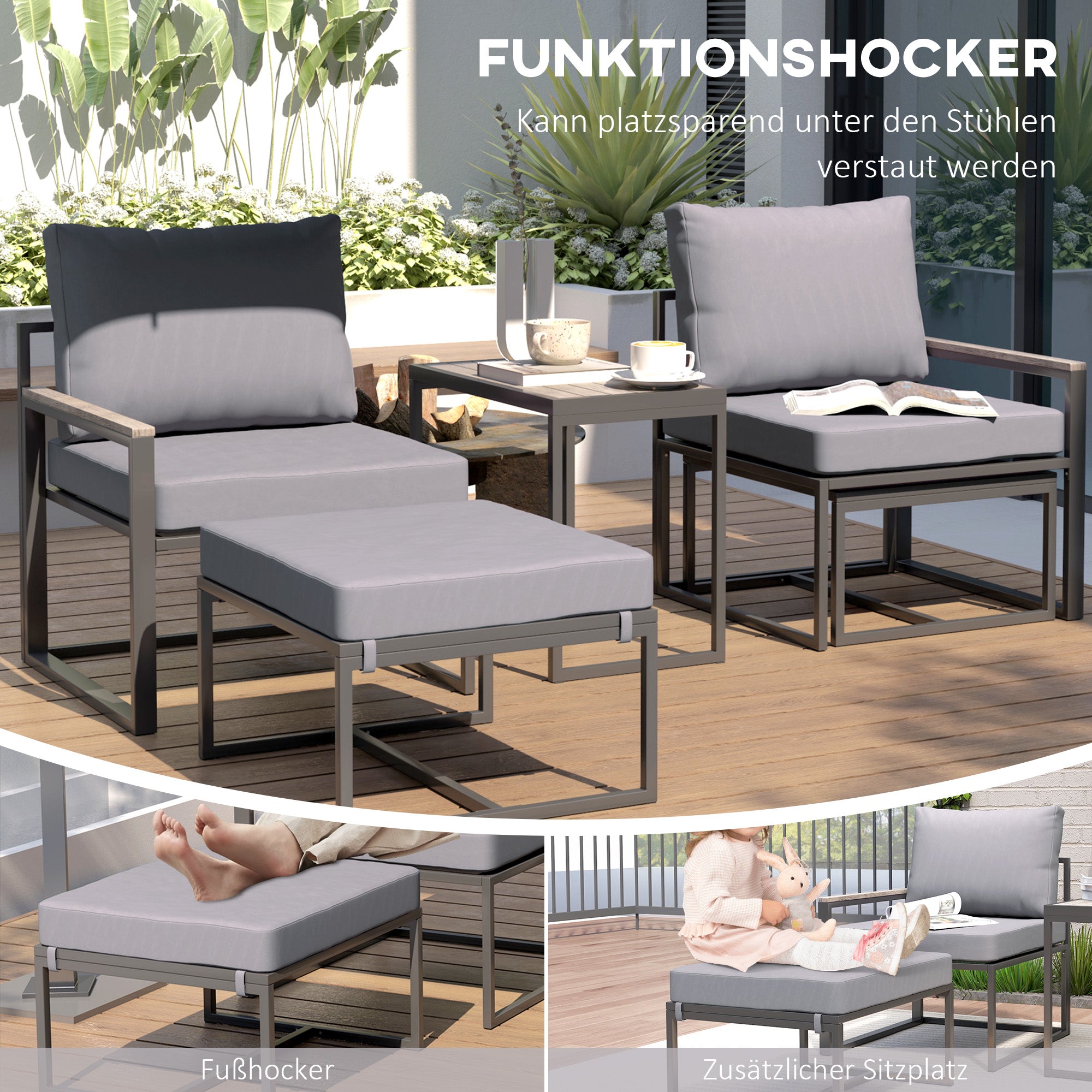 Garden Furniture Set 2 Person Steel Weatherproof Balcony Furniture Set with 2 Armchairs Seat Cushions Side Table Footstool Outdoor Seating Group Patio Furniture Garden Furniture Set for Garden Terrace Balcony Gray