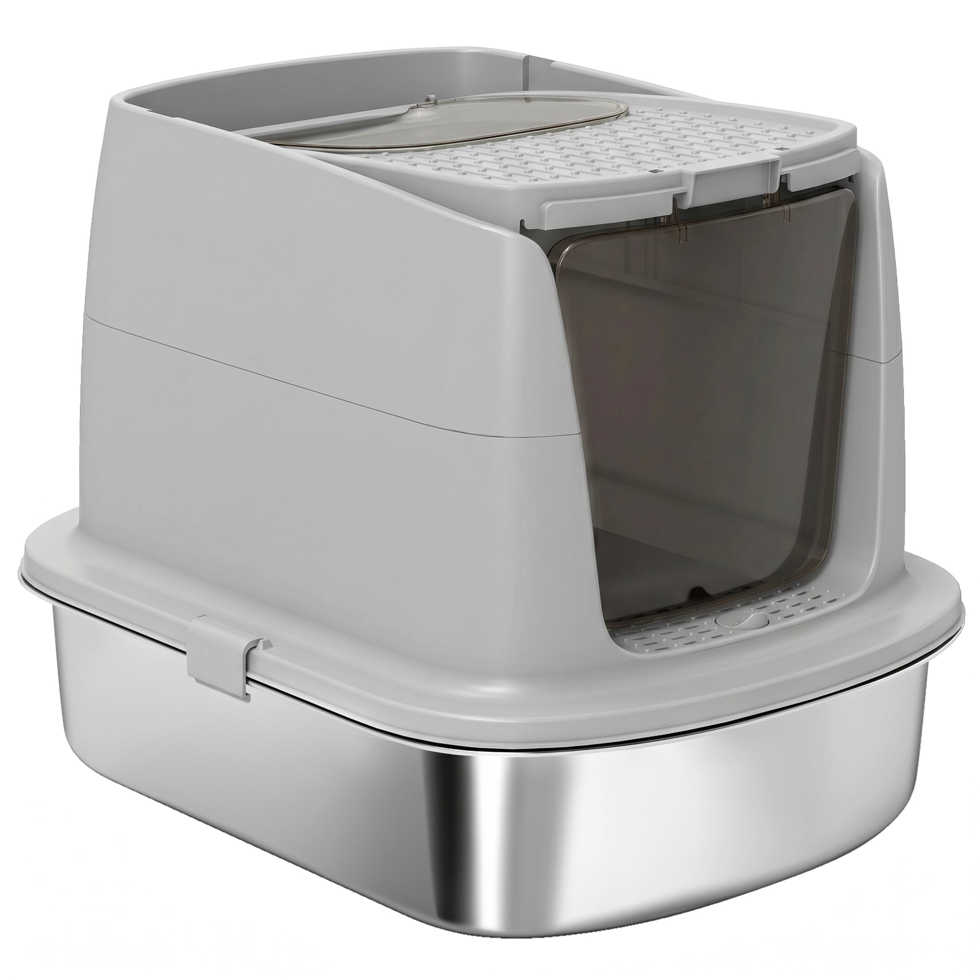 Covered Stainless Steel Cat Litter Box with Flip-Top Lid, Dual Entry, Scoop, High Walls, Leak-Resistant, Odor-Control, Easy to Clean - Light Gray