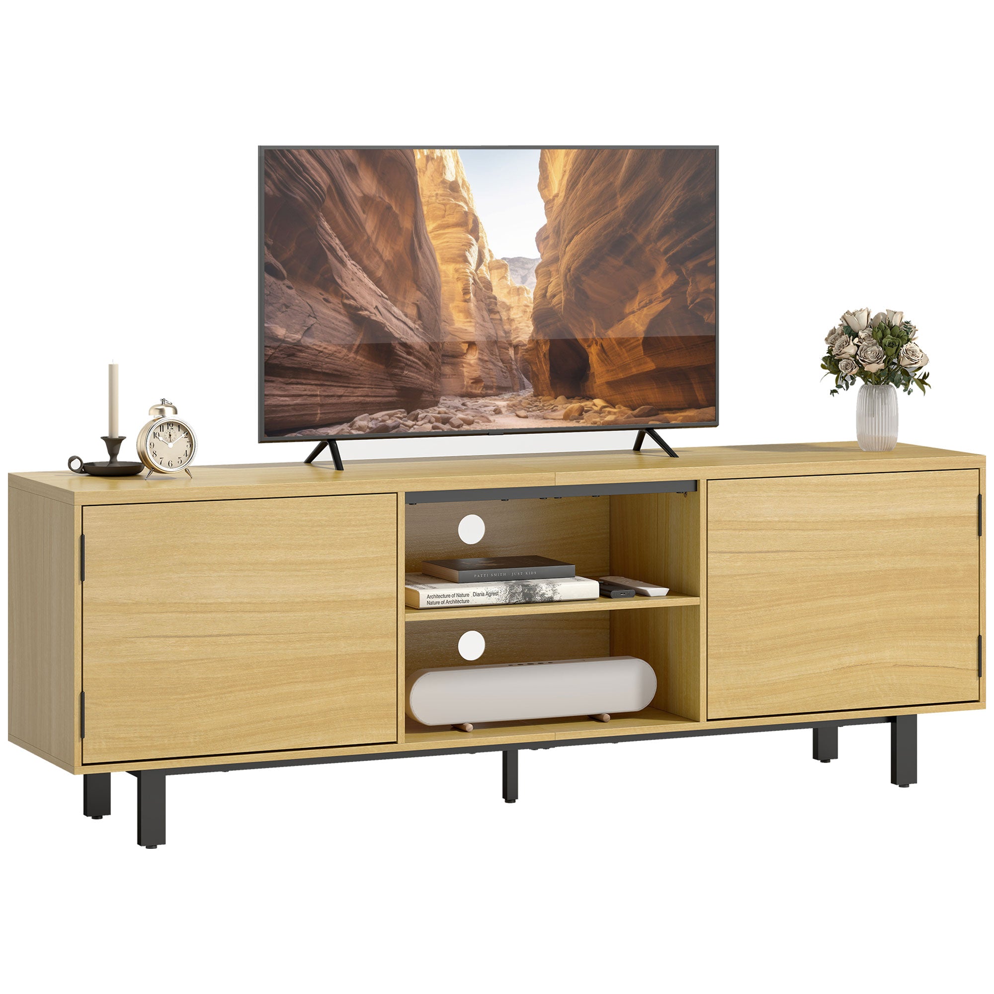 63" TV Stand – Fits up to 65" TVs, 2 Push-to-Open Doors & 2 Open Shelves, Metal Legs, Natural Wood Finish