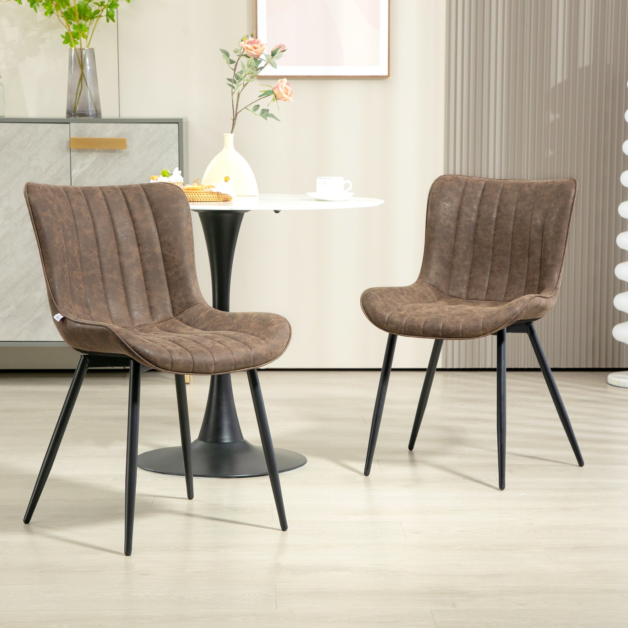 Set of 2 dining chairs modern kitchen chair in synthetic coating with tufted design and metal legs, for living room, dining room, bedroom, brown