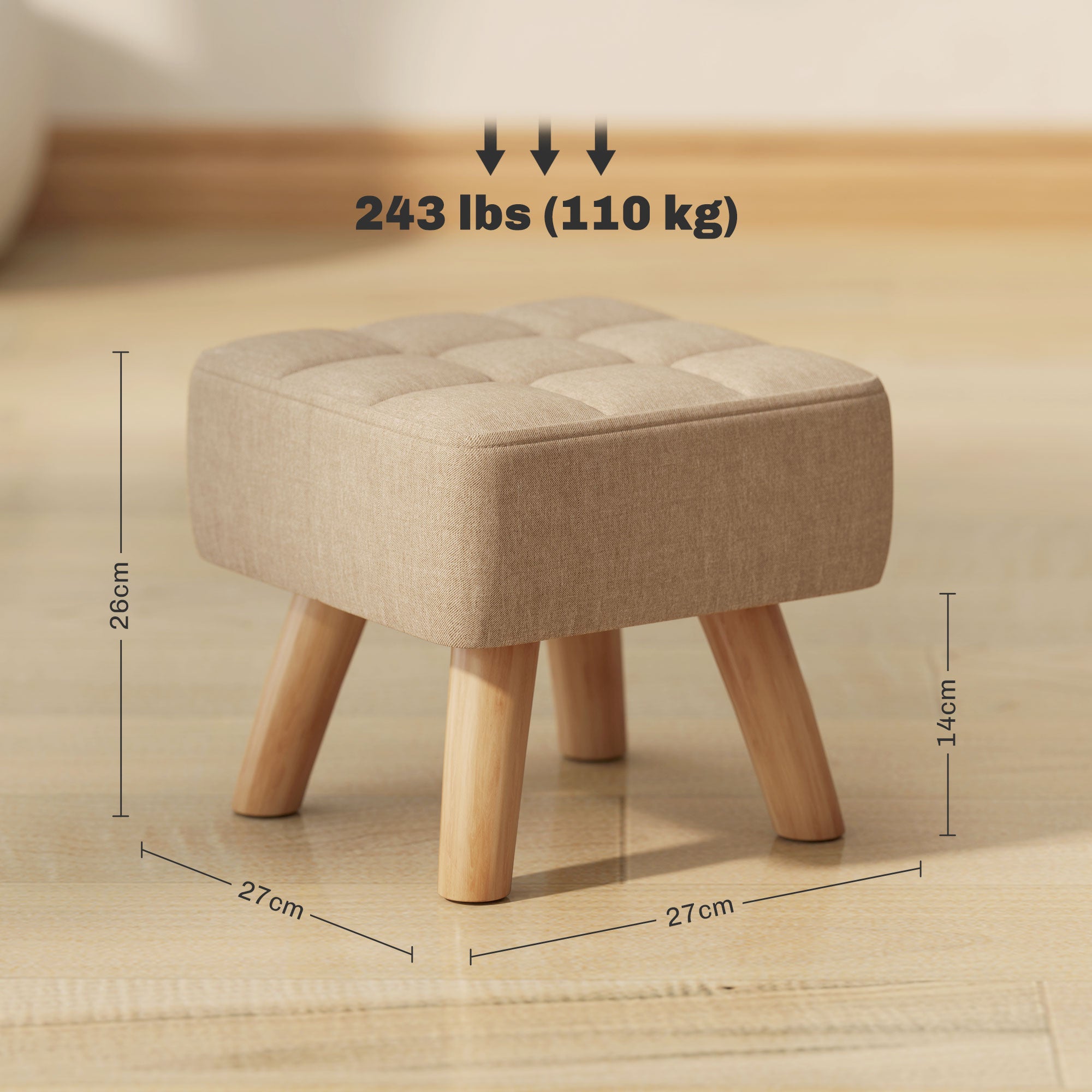 Footstool Stool with Linen Look, Wood Legs, Modern Upholstered Ottoman for Bedroom, Living Room, Brown