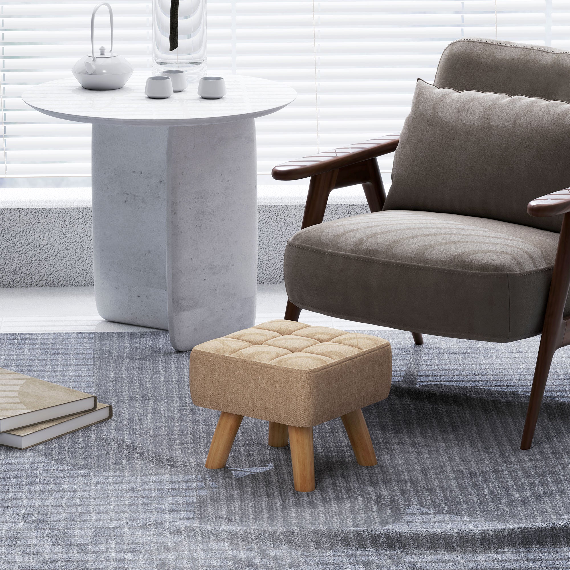 Footstool Stool with Linen Look, Wood Legs, Modern Upholstered Ottoman for Bedroom, Living Room, Brown