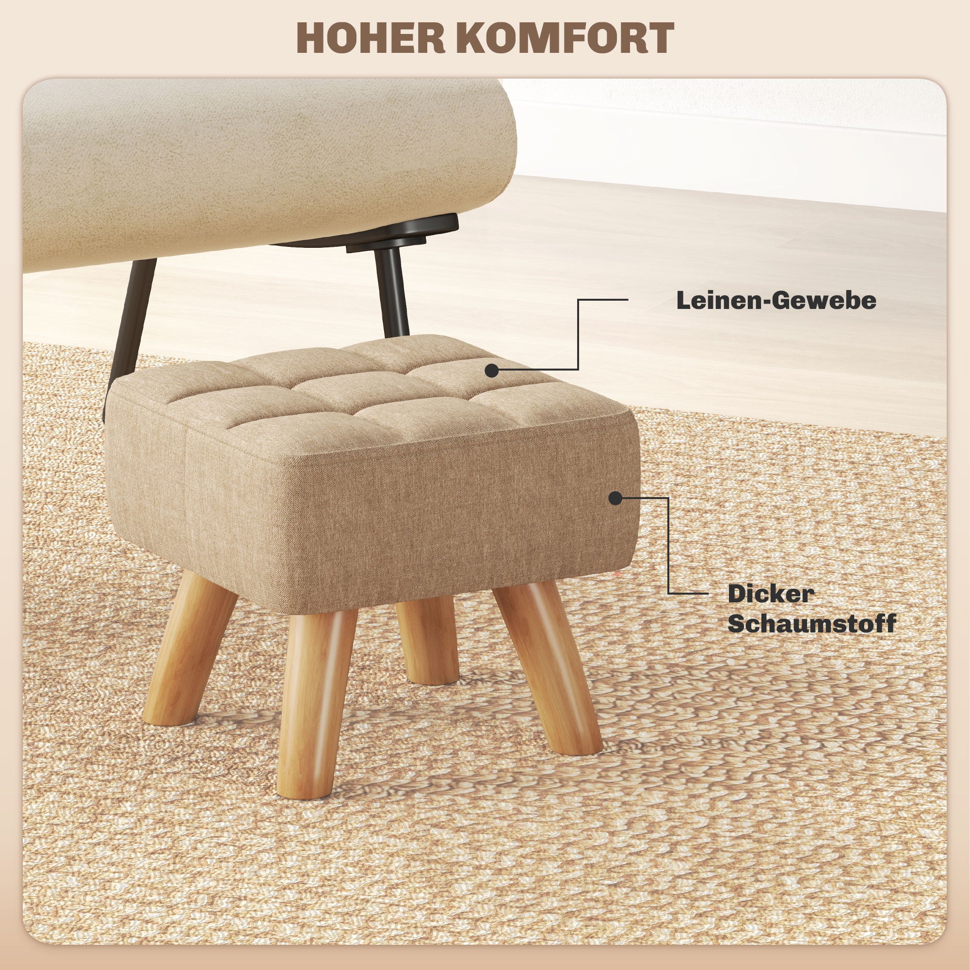 Footstool Stool with Linen Look, Wood Legs, Modern Upholstered Ottoman for Bedroom, Living Room, Brown