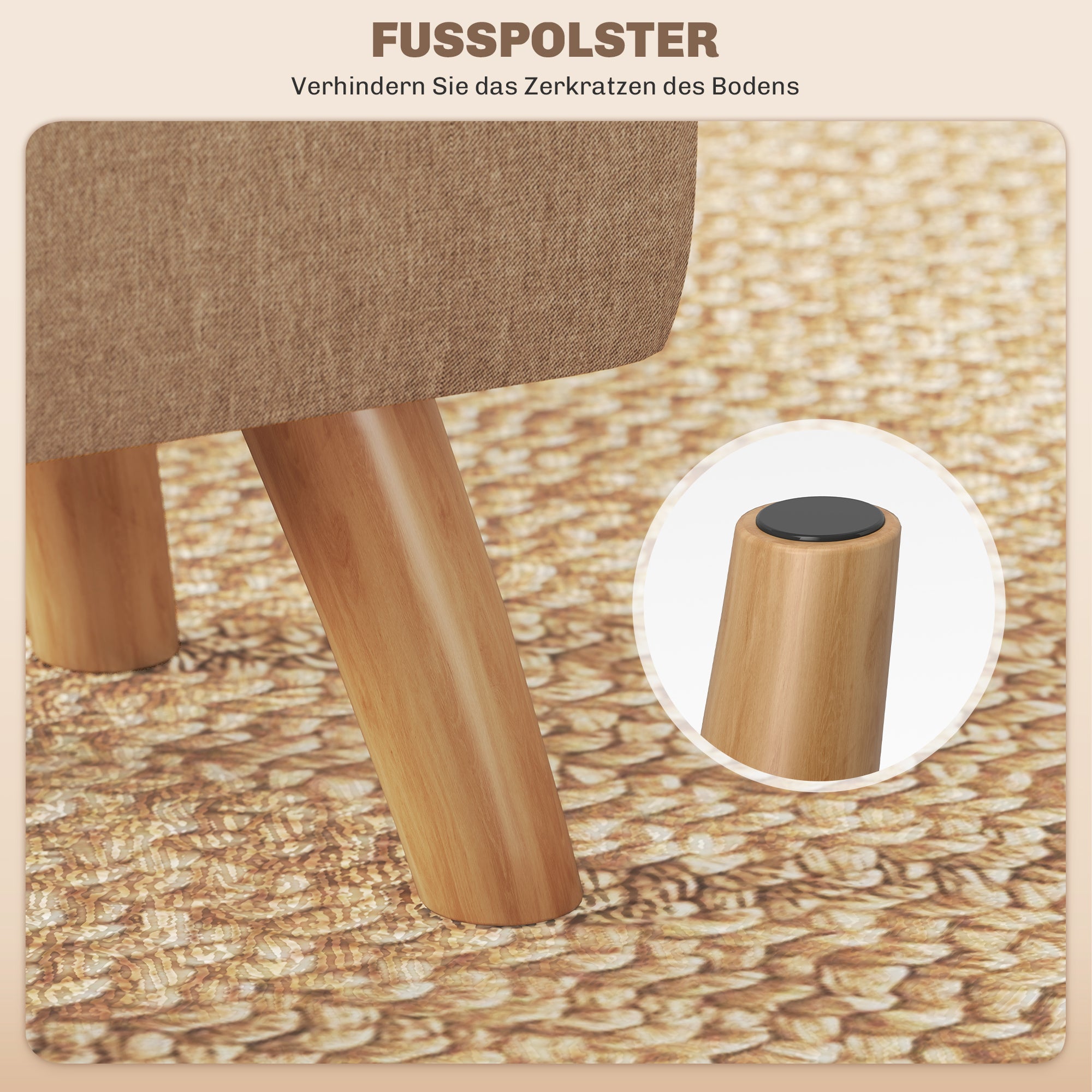 Footstool Stool with Linen Look, Wood Legs, Modern Upholstered Ottoman for Bedroom, Living Room, Brown