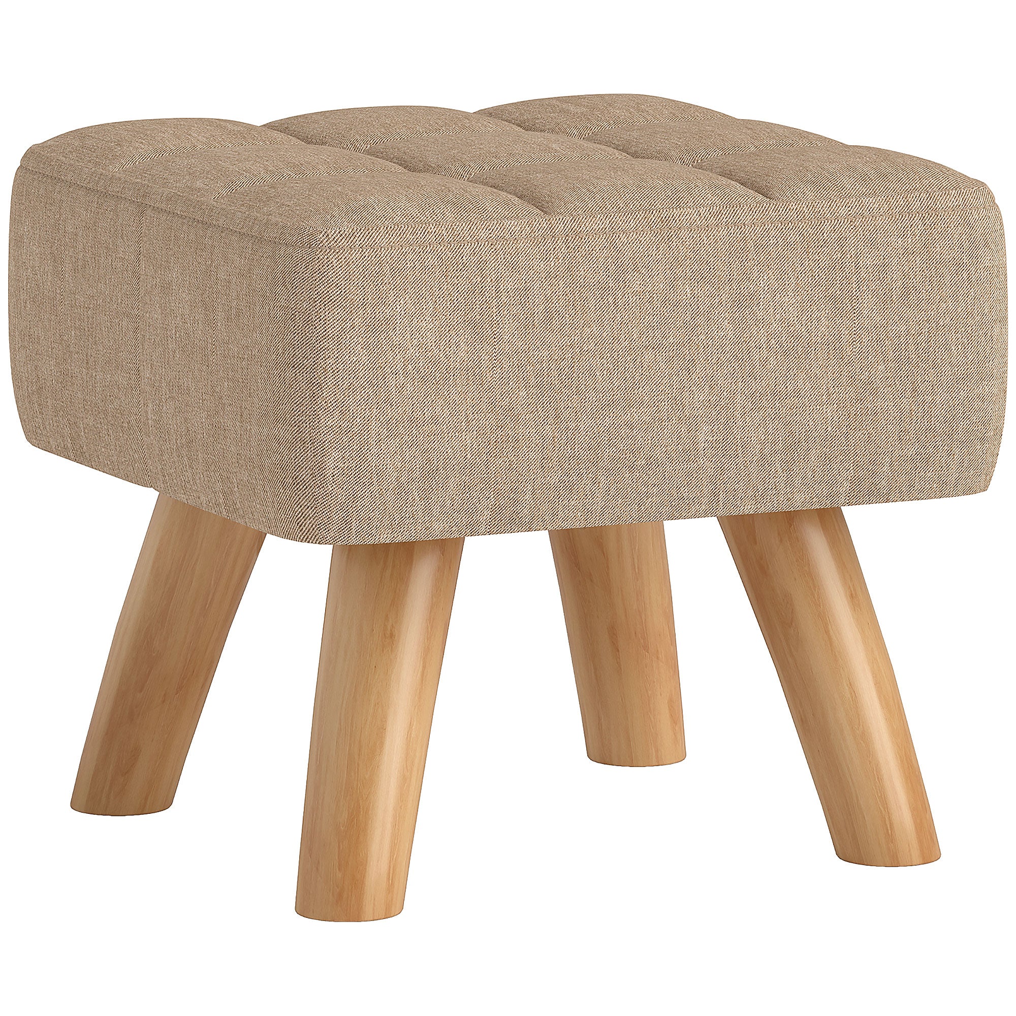 Footstool Stool with Linen Look, Wood Legs, Modern Upholstered Ottoman for Bedroom, Living Room, Brown