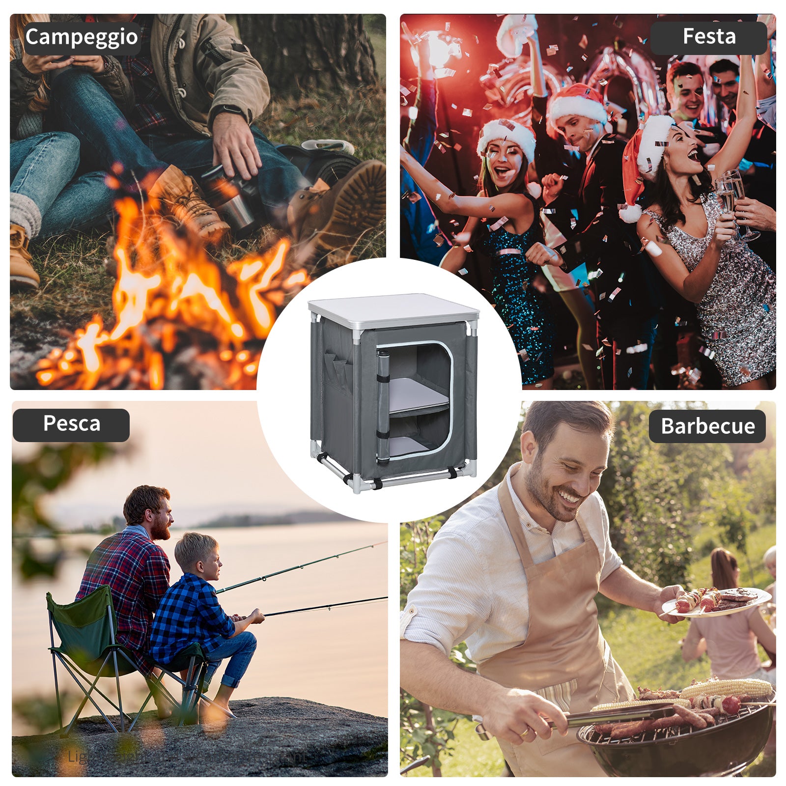 Folding Camping Kitchen Cabinet with 2 Shelves and Carry Bag, Aluminum and Oxford Fabric 60x49x70 cm Gray