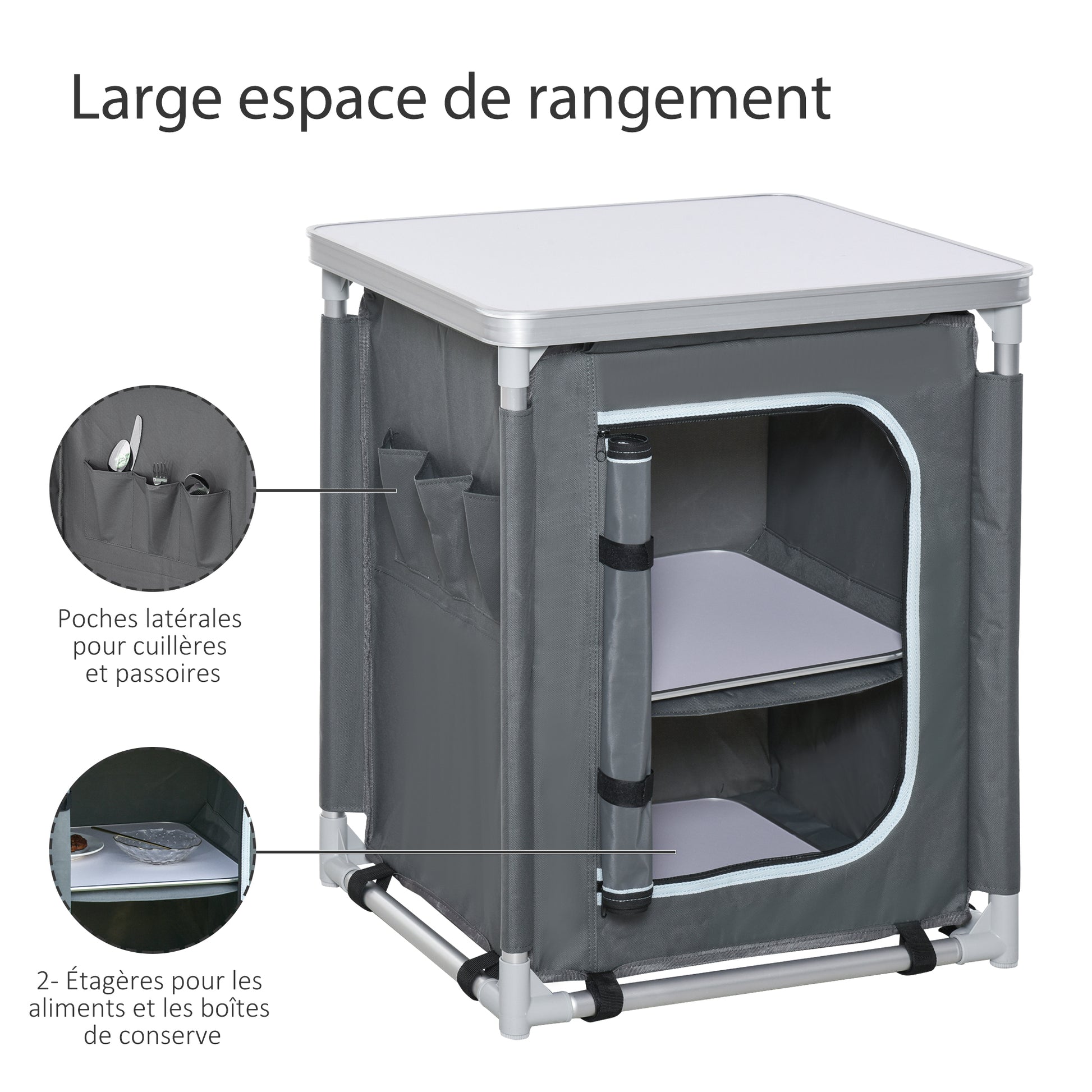 Folding Camping Kitchen Cabinet with 2 Shelves and Carry Bag, Aluminum and Oxford Fabric 60x49x70 cm Gray