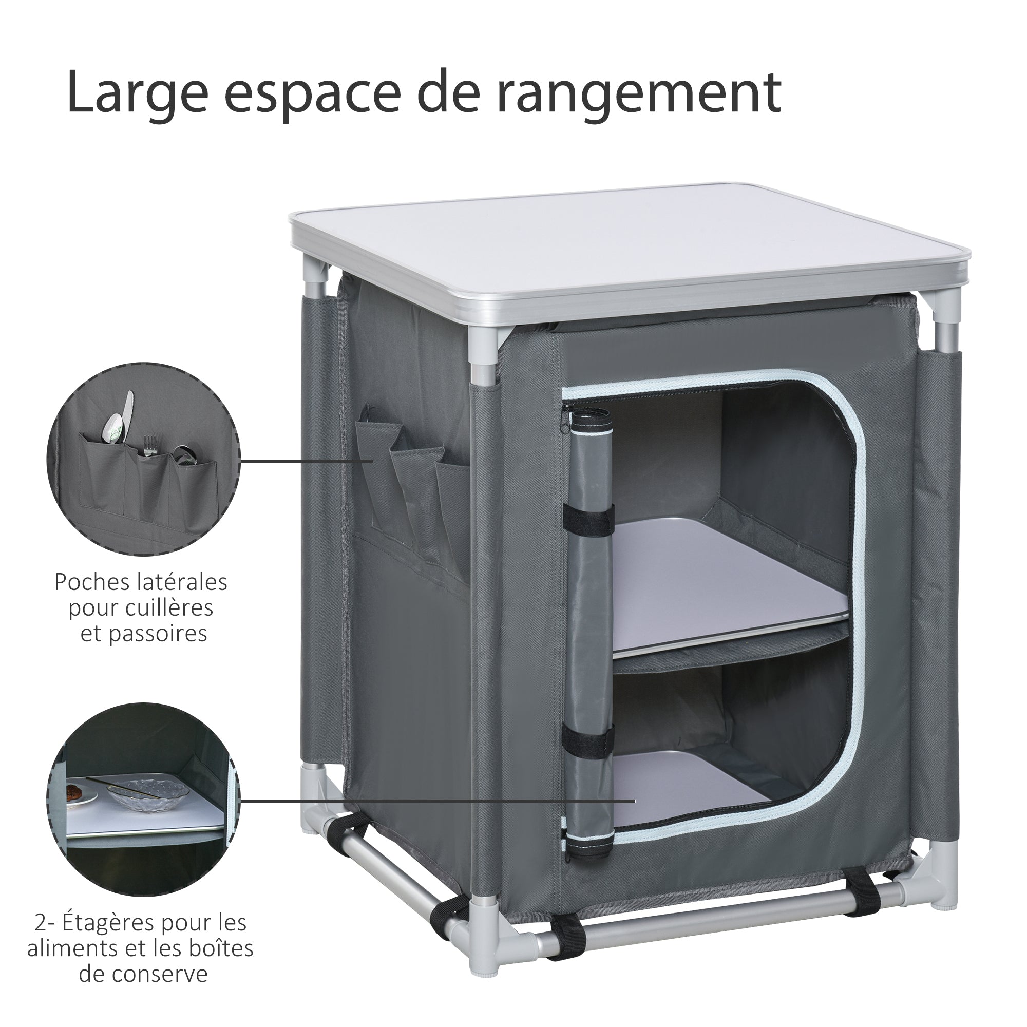 Folding Camping Kitchen Cabinet with 2 Shelves and Carry Bag, Aluminum and Oxford Fabric 60x49x70 cm Gray