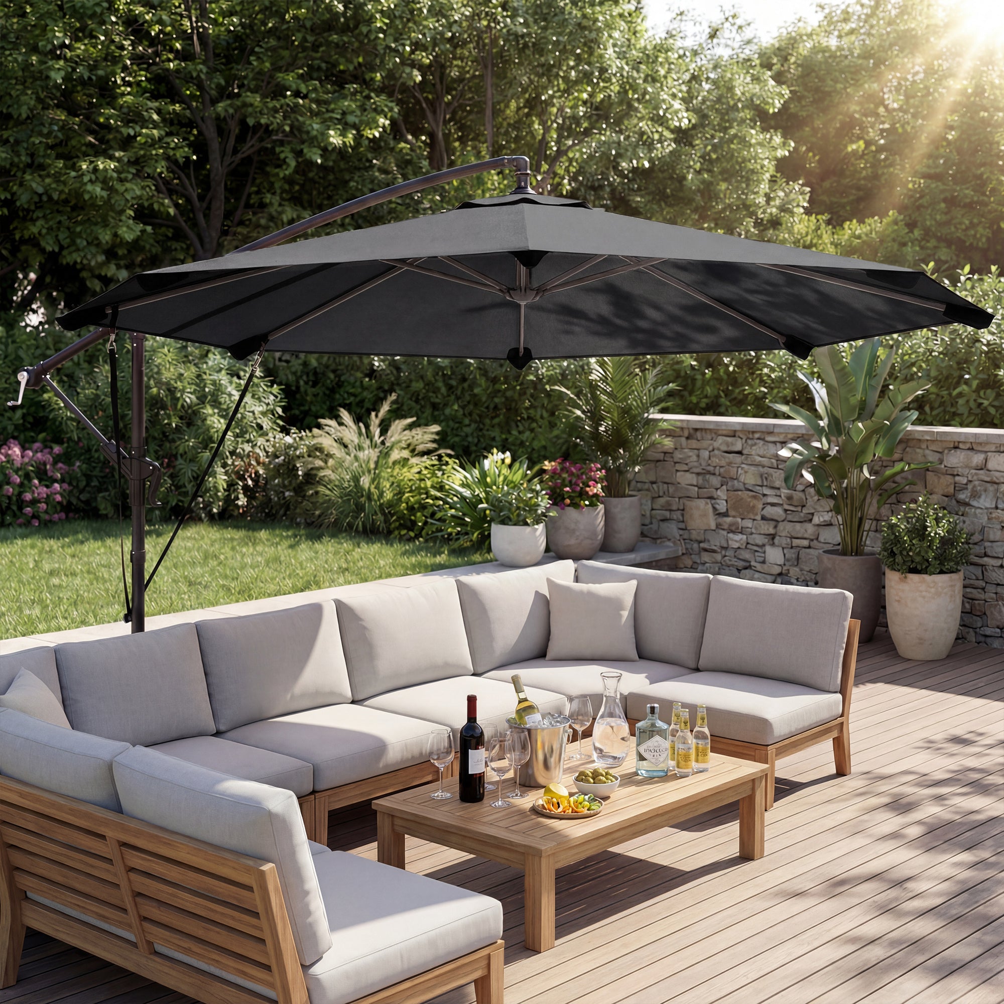 Offset Umbrella, Ø2.95 m (9.7 ft), Garden Parasol with Cross Base, Crank, Protective Cover and Wind Ropes, UPF30+, for Patio, Dark Gray