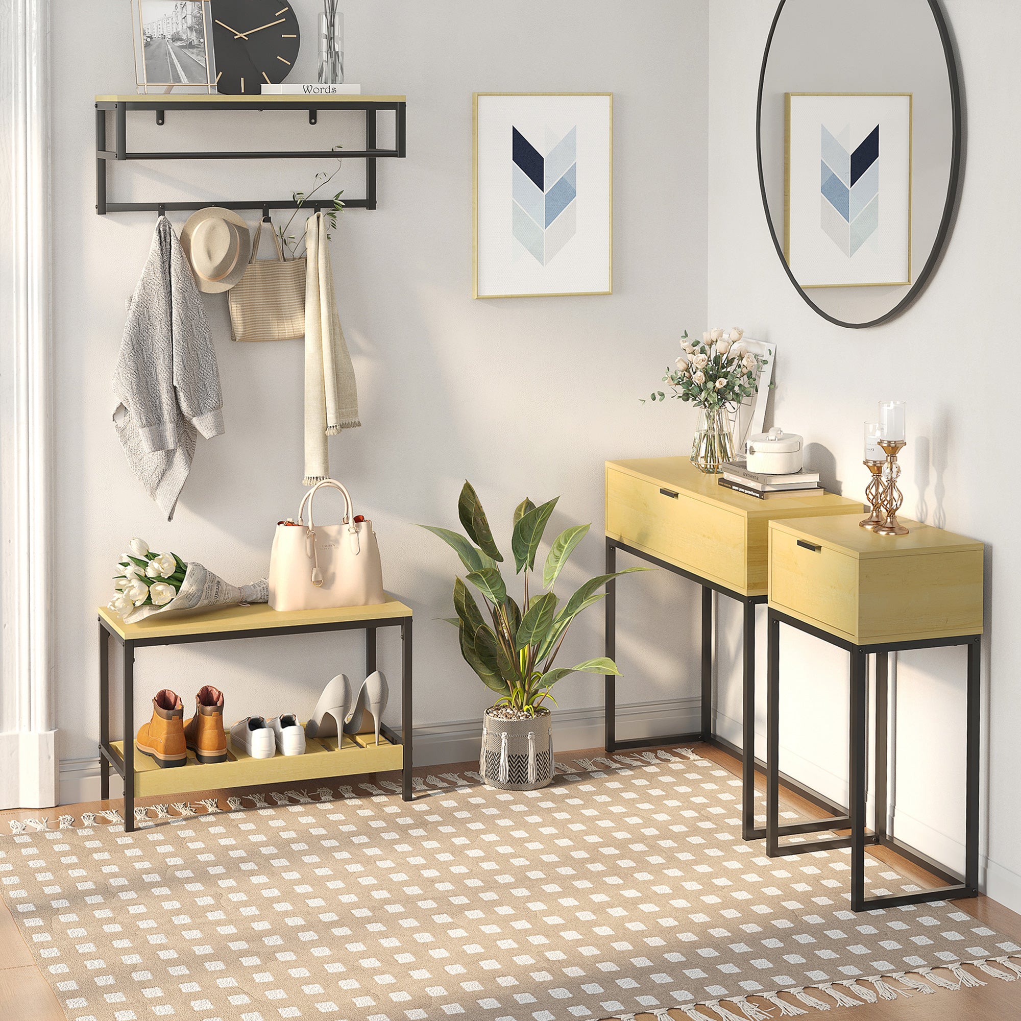 Console Table with Drawer Modern Side Table with Steel Legs for Hallway Living Room Bedroom 80x30x76 cm Natural