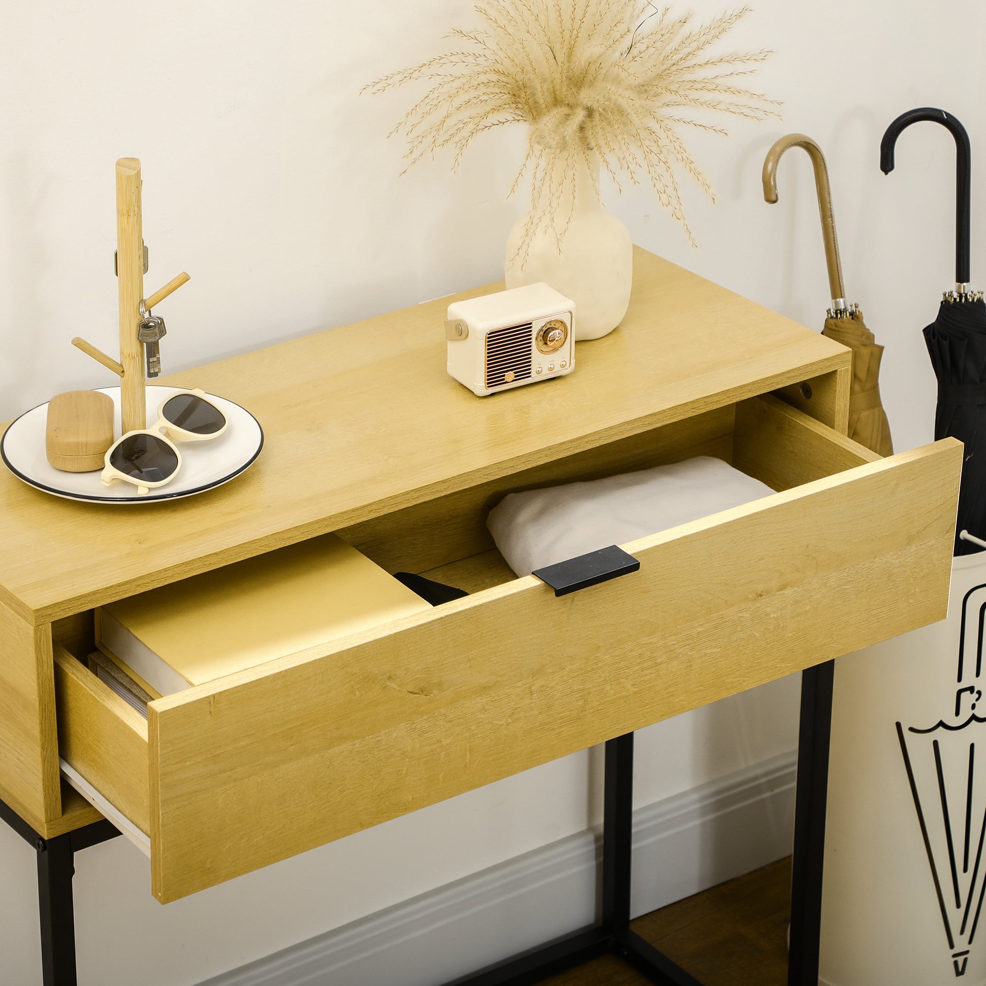 Console Table with Drawer Modern Side Table with Steel Legs for Hallway Living Room Bedroom 80x30x76 cm Natural